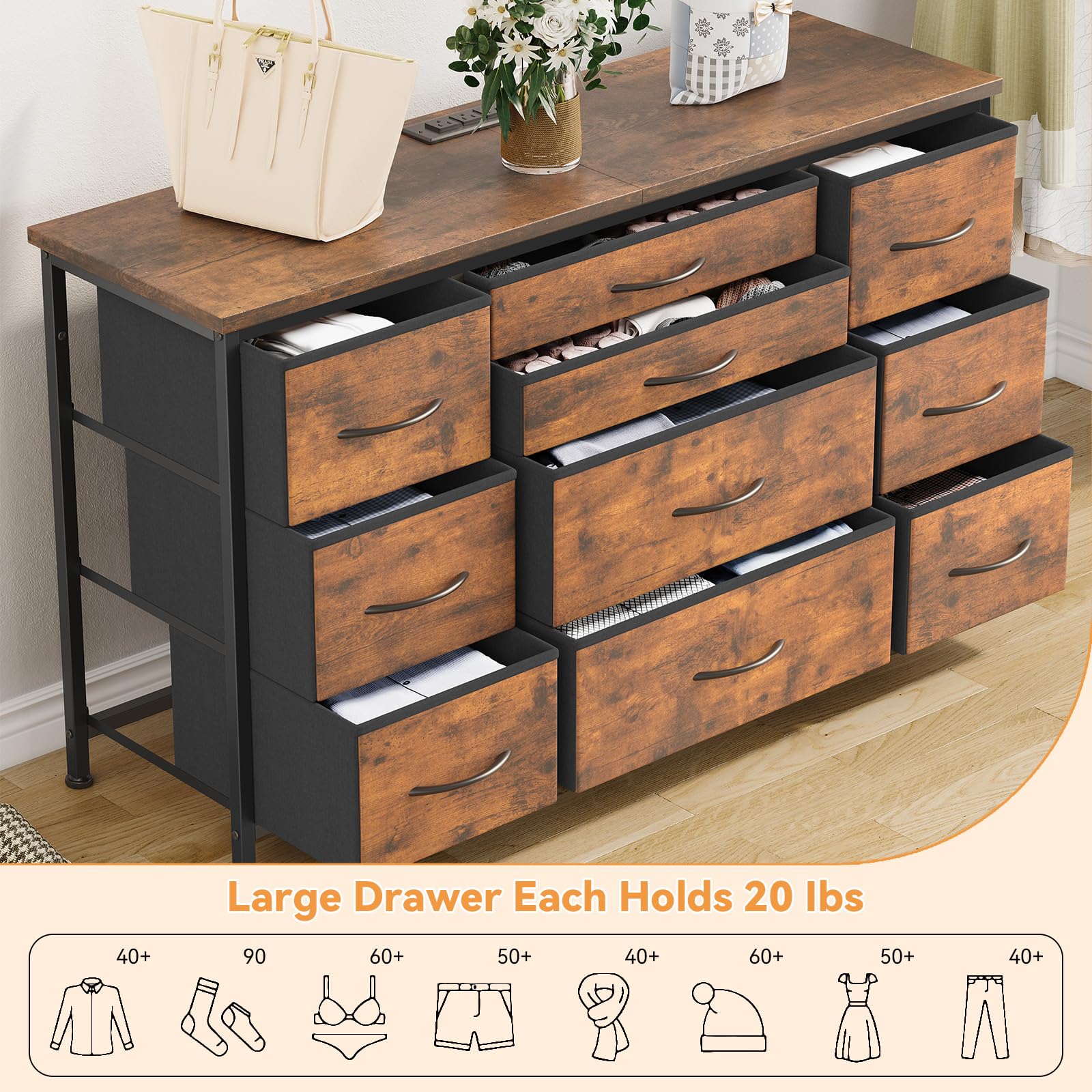 Jojoka Wide Dresser with 10 Large Drawers for 55'' Long TV Stand with Power Outlet Entertainment Center, Storage Fabric Drawer Unit for Bedroom, Closet, Entryway, Sturdy Metal Frame, Rustic Brown