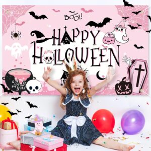 DPKOW Pink Happy Halloween Backdrop Banner, Extra Large Pink Halloween Birthday Party Decorations Girls Kid Black Pink Halloween Decorations Background for Halloween Baby Shower Boo Day, 70.8×43.3inch