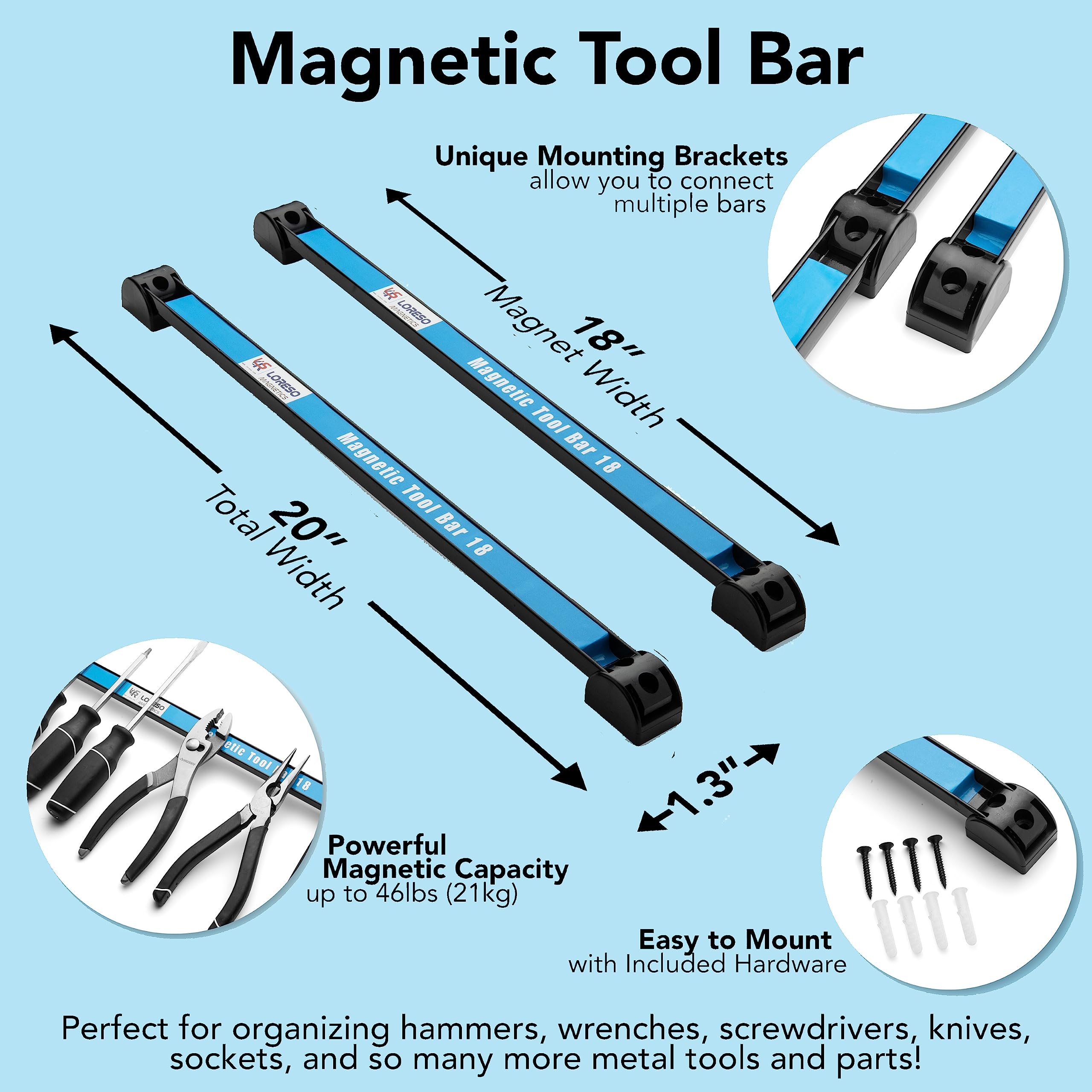 LSR LORESO Magnetic Tool Holder 18 Inch, Set of 2 Magnetic Tool Bars, Heavy-Duty Metal Magnet Strip Tool Organizers Rack for Screwdrivers, Pliers, Wrenches, Knives with Wall Mount Brackets and Screws