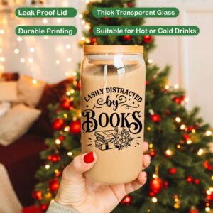 Coolife Book Lovers Themed 16 oz Coffee Glass Cups w/Lids & Straws, Bookish Gifts for Women, Book Club Bookworm Gifts for Book Lovers, Readers Librarian - Christmas, Birthday Book Lover Gifts Ideas