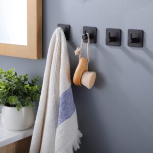 YIGII Adhesive Hooks/Towel Hook - Wall Hooks Stick on Hooks Heavy Duty for Hanging Towels/Coat/Hat/Bag in Bathroom, Bedroom, Dorm, SUS-304 Stainless Steel Matte Black 4 Packs