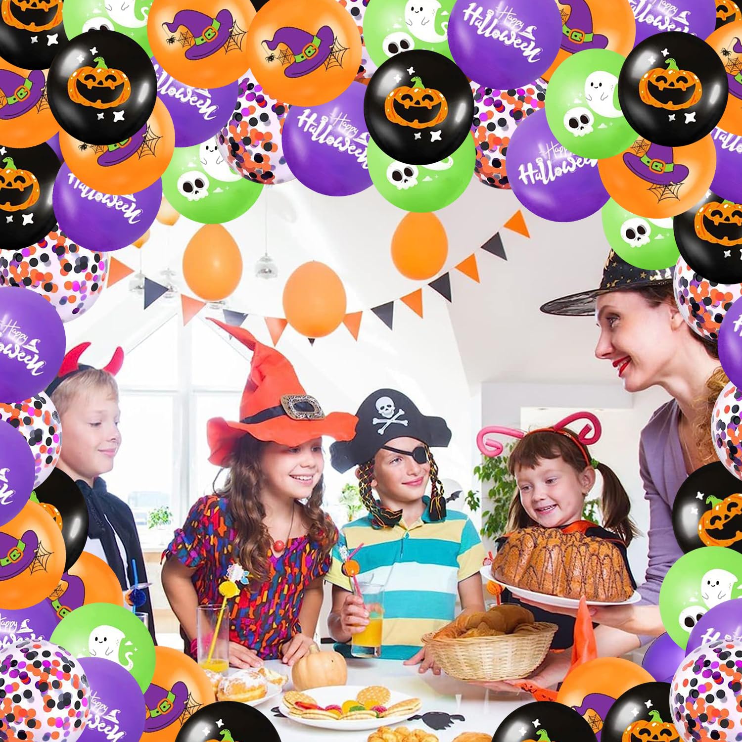 Halloween Balloons Hocus Pocus Balloons, 60pcs Black Orange Purple Green Printed Balloons with Halloween Confetti Balloons for Halloween Theme Party Birthday Party Haunted House Magic Decoration……