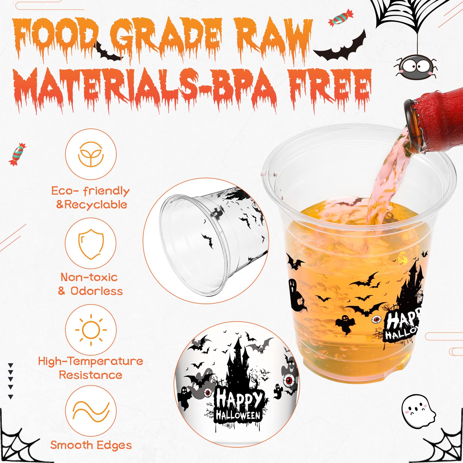 Halloween Party Cups Happy Halloween Disposable Clear Plastic Cups Printed Party Cups for Party Decoration Trick or Treat Supplies Drinkware Beer Beverage Ice Cream Snacks, 12 oz (40 Count)