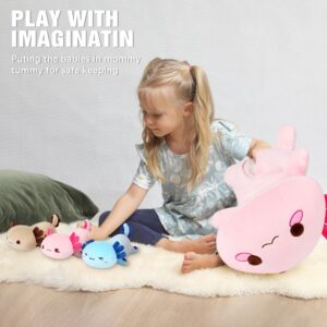 Onsoyours Axolotl Stuffed Animal Mommy 19.7" with 3 Baby Axolotl Plushies in Tummy, 4 Piece of Cute Axolotl Plush Pillow Toys for Kids Girls Boys (Pink Axolotl Family)