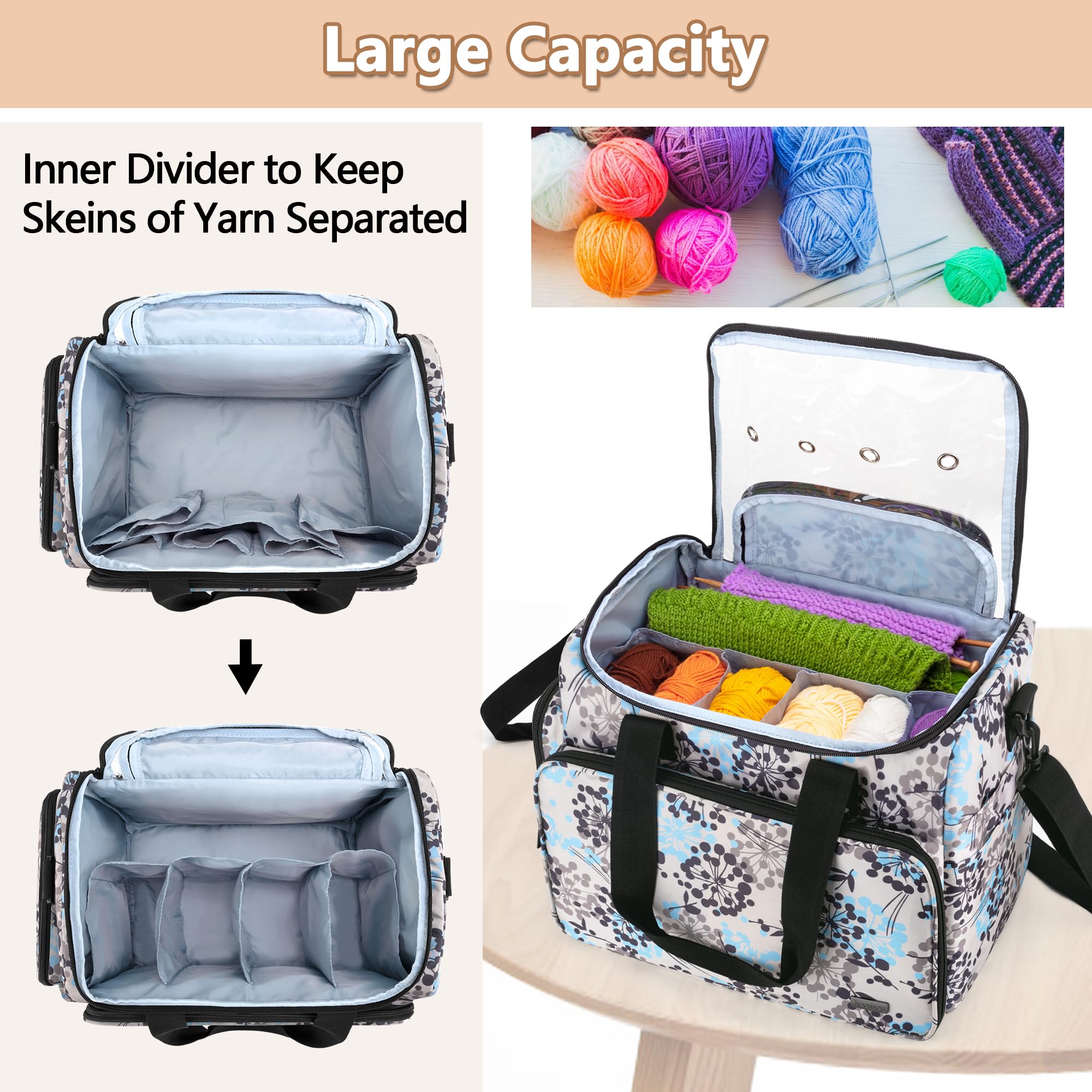 Teamoy Knitting Bag, Yarn Storage Bag Tote, Travel Yarn Organizer with Foldable Inner Dividers for Yarn, Crochet Hook, Knitting Needles(Up to 13.5"), Project and Supplies, Dandelion