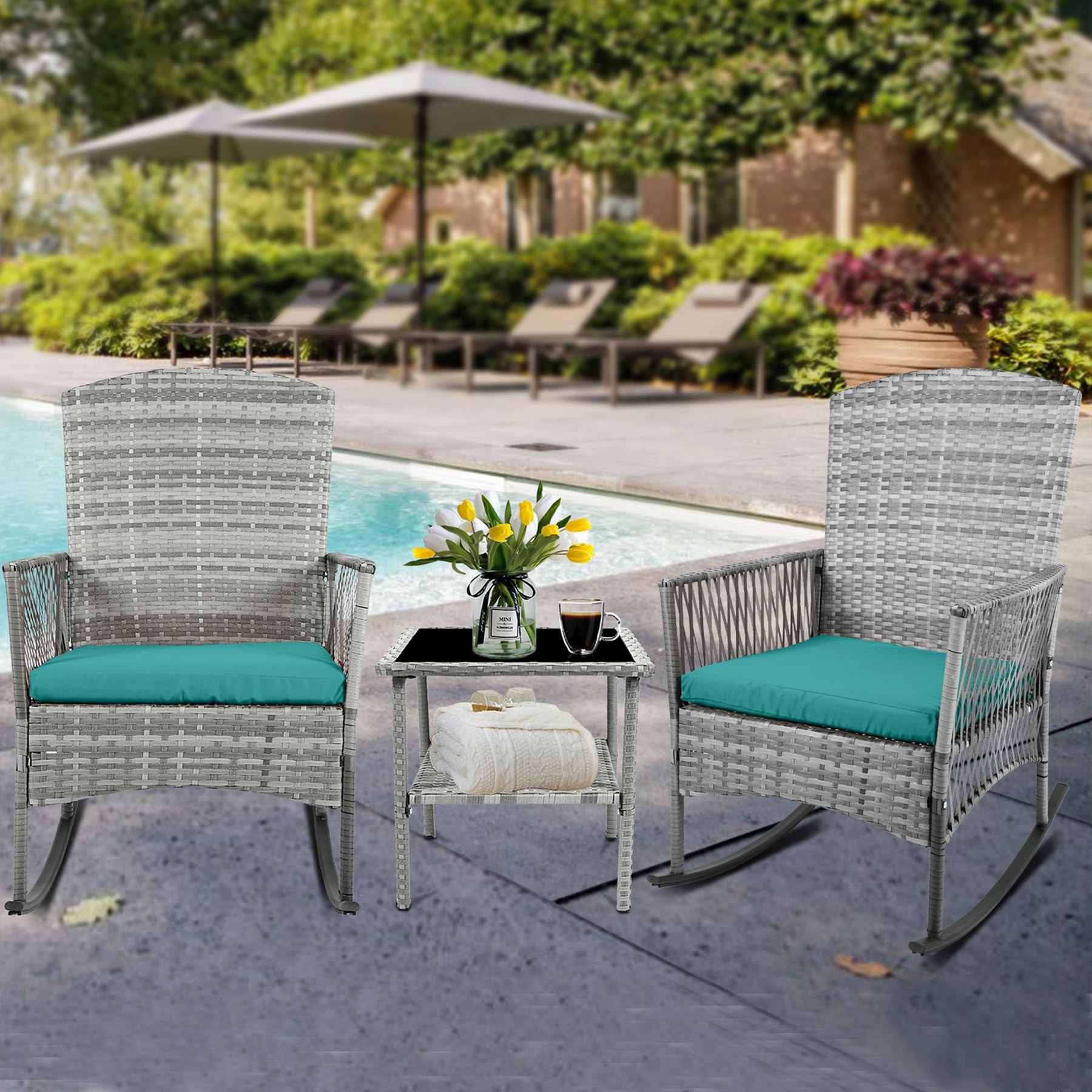 CIRMUBUY 3 Piece Patio Conversation Set, Outdoor Rocking Chairs Set of 2, Wicker Furniture Set with Glass Top Coffee Table and Cushions for Porch Garden Backyard Lawn (Grey Rattan, Blue Cushion)