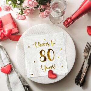 Cheers to 80 Years Cocktail Napkins | Happy 80th Birthday Decorations for Men and Women and Wedding Anniversary Party Decorations | 50-Pack 3-Ply Napkins | 5 x 5 inch folded (White)