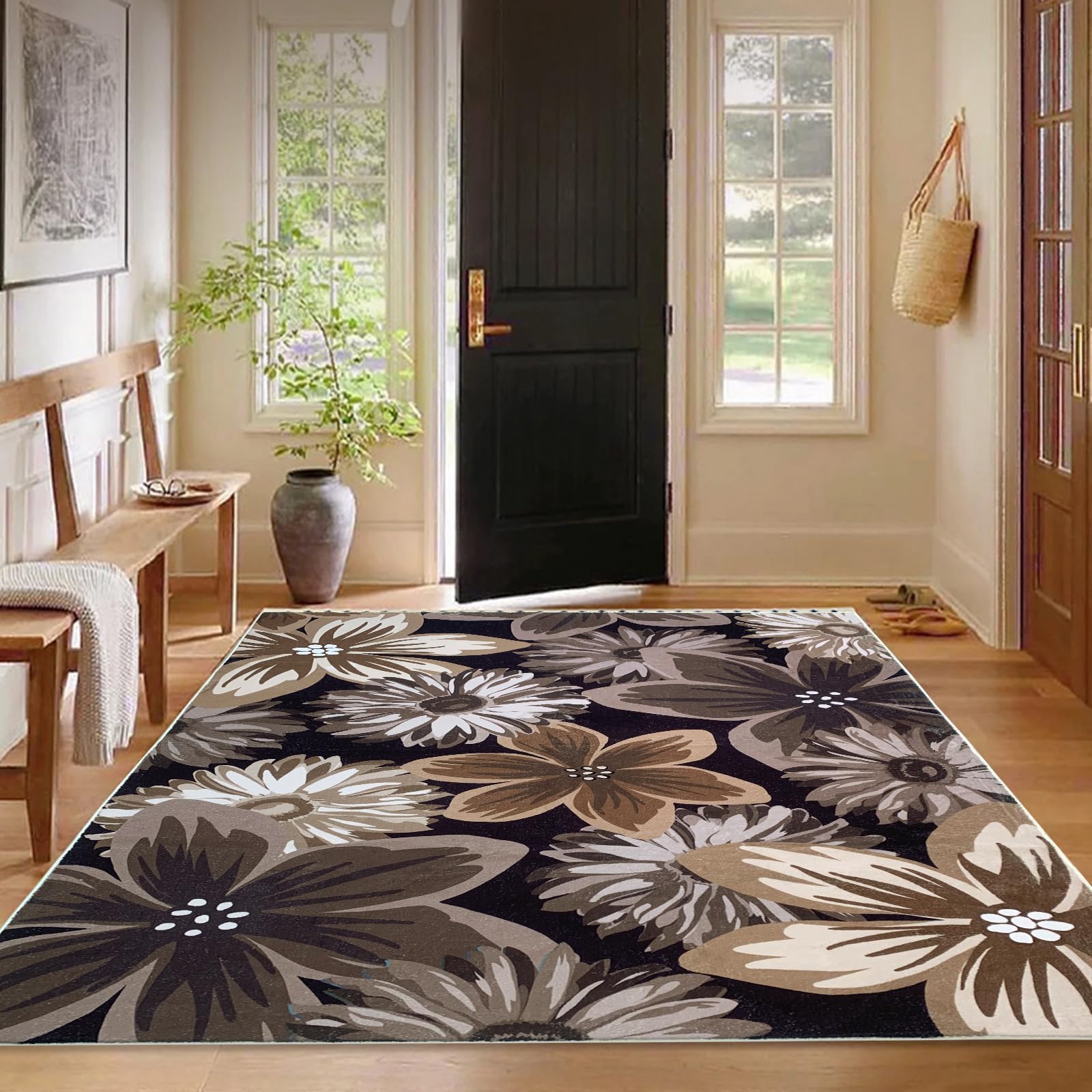 USTIDE Washable Area Rug 5' x 7' Floral Rug Area Rugs Non-Slip Flower Rug Indoor Floor Mat Low Pile Large Rugs for Living Room, Bedroom, Farmhouse, Dining Room, Kids Playroom