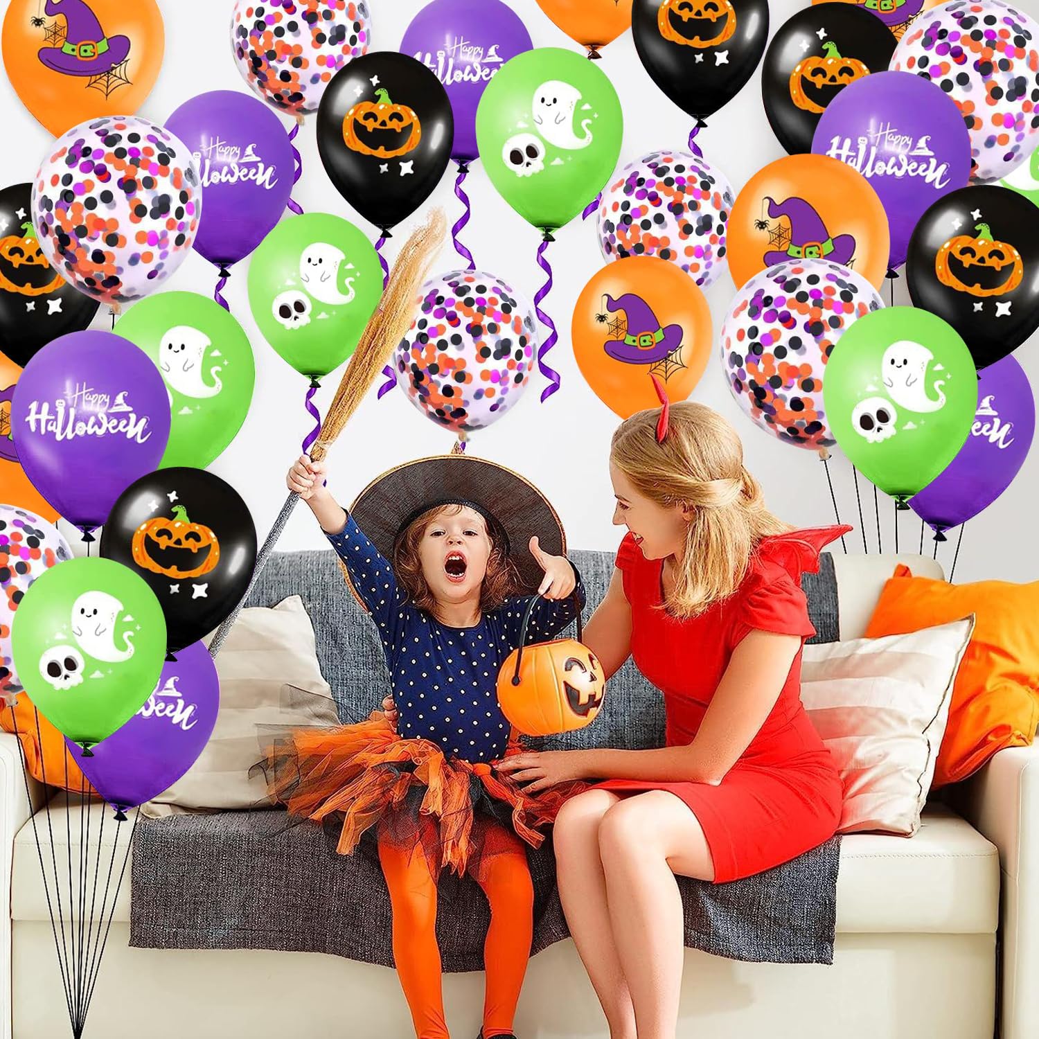 Halloween Balloons Hocus Pocus Balloons, 60pcs Black Orange Purple Green Printed Balloons with Halloween Confetti Balloons for Halloween Theme Party Birthday Party Haunted House Magic Decoration……