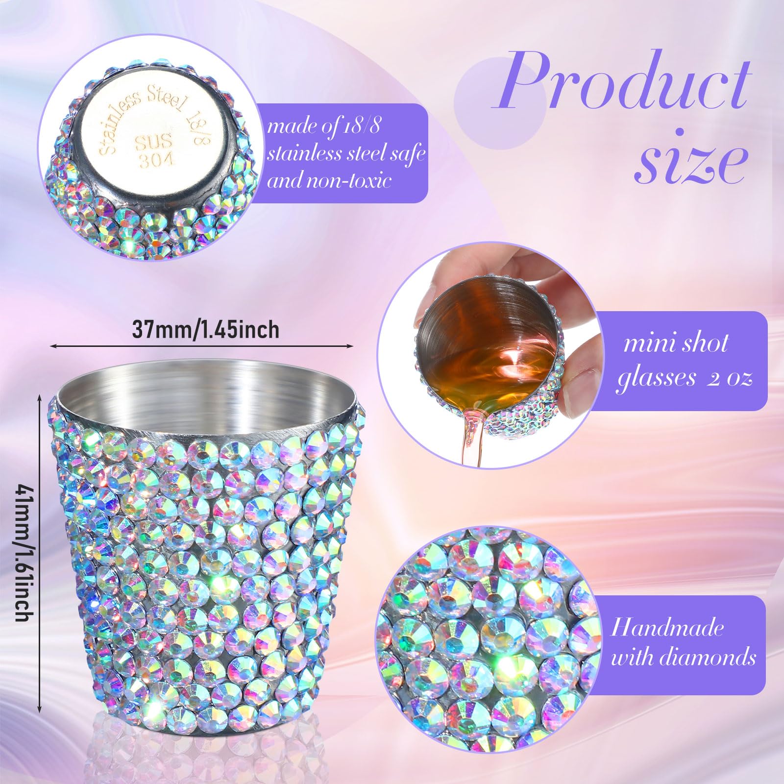 Tioncy 12 Pack 1 oz Rhinestone Stainless Steel Shot Glasses Bling Mini Cup Small Glitter Cups Metal Drinking Cups Adult Pint Cup Barware Drinking Vessel for Whiskey Women Birthday Gift (White Style)