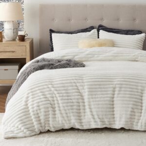 Bedsure Fluffy Duvet Cover Set - Ultra Soft Plush Shaggy Comforter Cover Queen Size, Warm Flannel Fleece Bed Sets for Winter, 3 Pieces, 1 Duvet Cover & 2 Pillowcases (Striped Pattern, Coconut White)