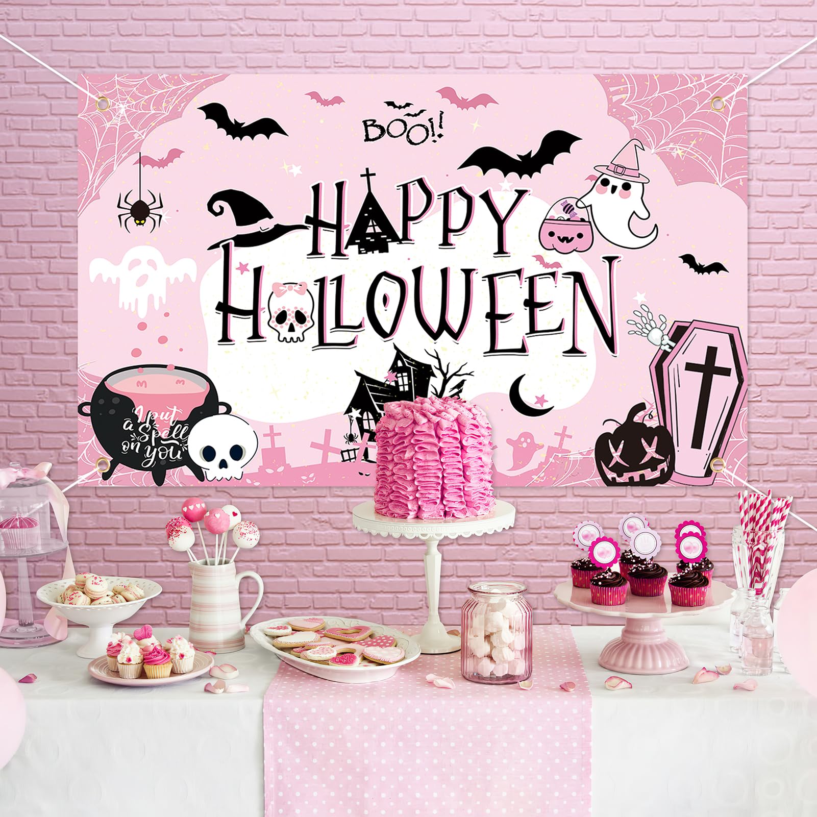 DPKOW Pink Happy Halloween Backdrop Banner, Extra Large Pink Halloween Birthday Party Decorations Girls Kid Black Pink Halloween Decorations Background for Halloween Baby Shower Boo Day, 70.8×43.3inch