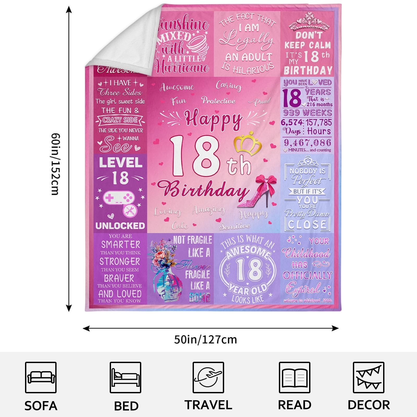 Ownxhbc 18th Birthday Gifts for Girls, 18th Birthday Gift Idea for Daughter Sister, 18 Year Old Blanket for Girls, Birthday Gifts for 18 Years Old Girl, 18th Birthday Pink Throw Blanket Decor 60"x50"