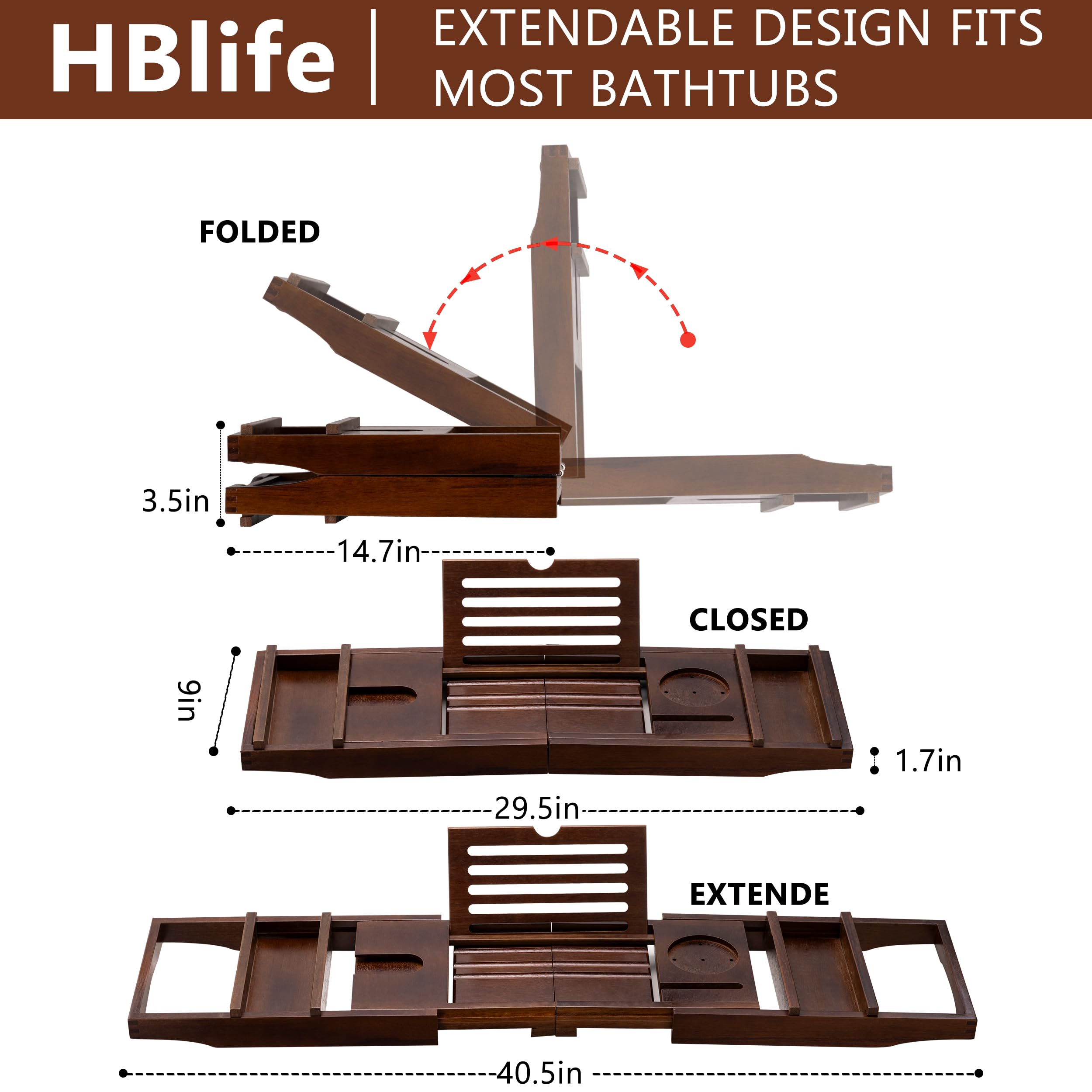 HBlife Teak Bathtub Caddy Tray Foldable Bath Table Tray with Book and Wine Glass Holder, Wooden Expandable Bathroom Accessories