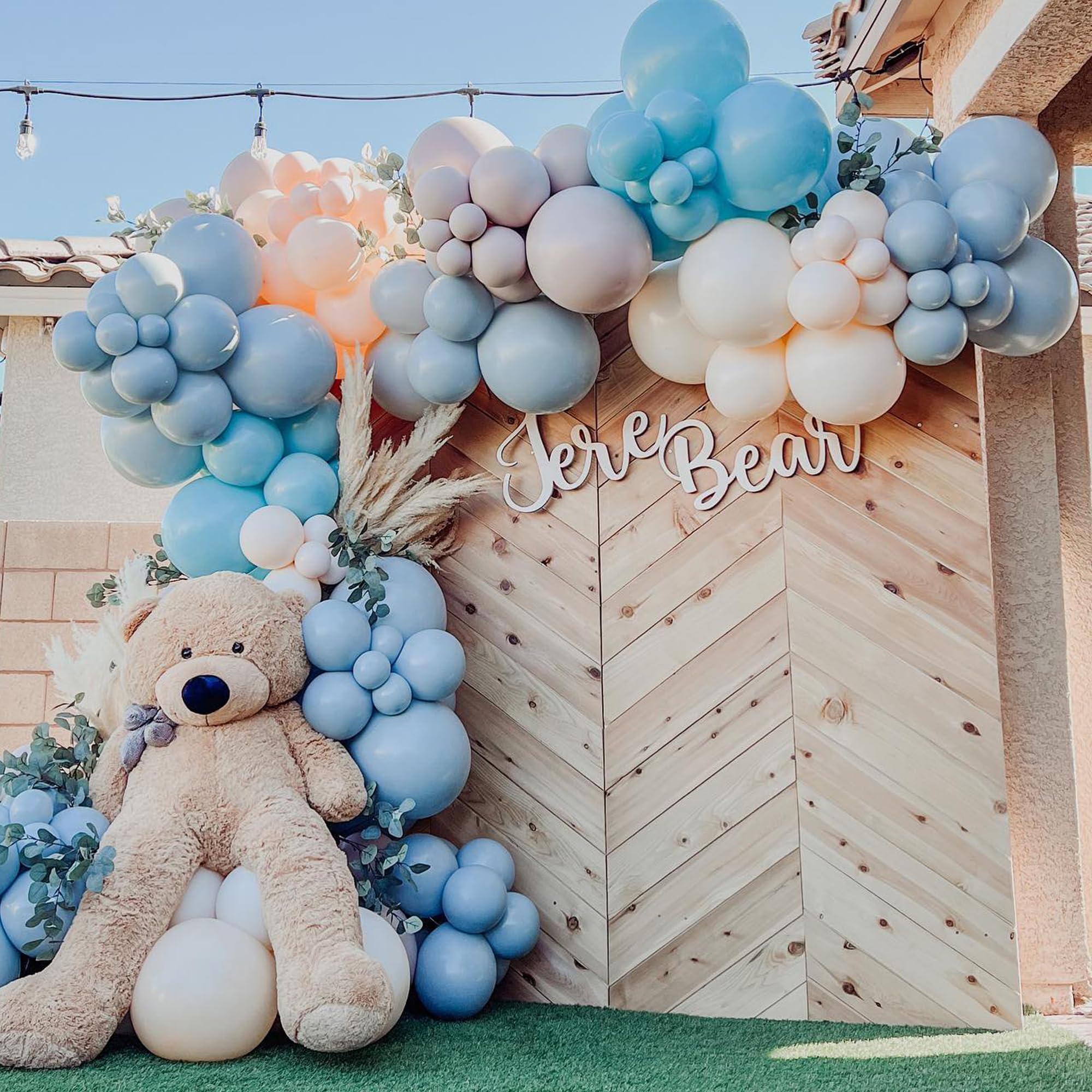 Blue Balloon Arch Kit, 132Pcs Dusty Light Baby Blue Balloons Garland with Brown Double Stuffed Balloons for Baby Shower Gender Reveal Boy Birthday Bear Theme Party Decorations Supplies