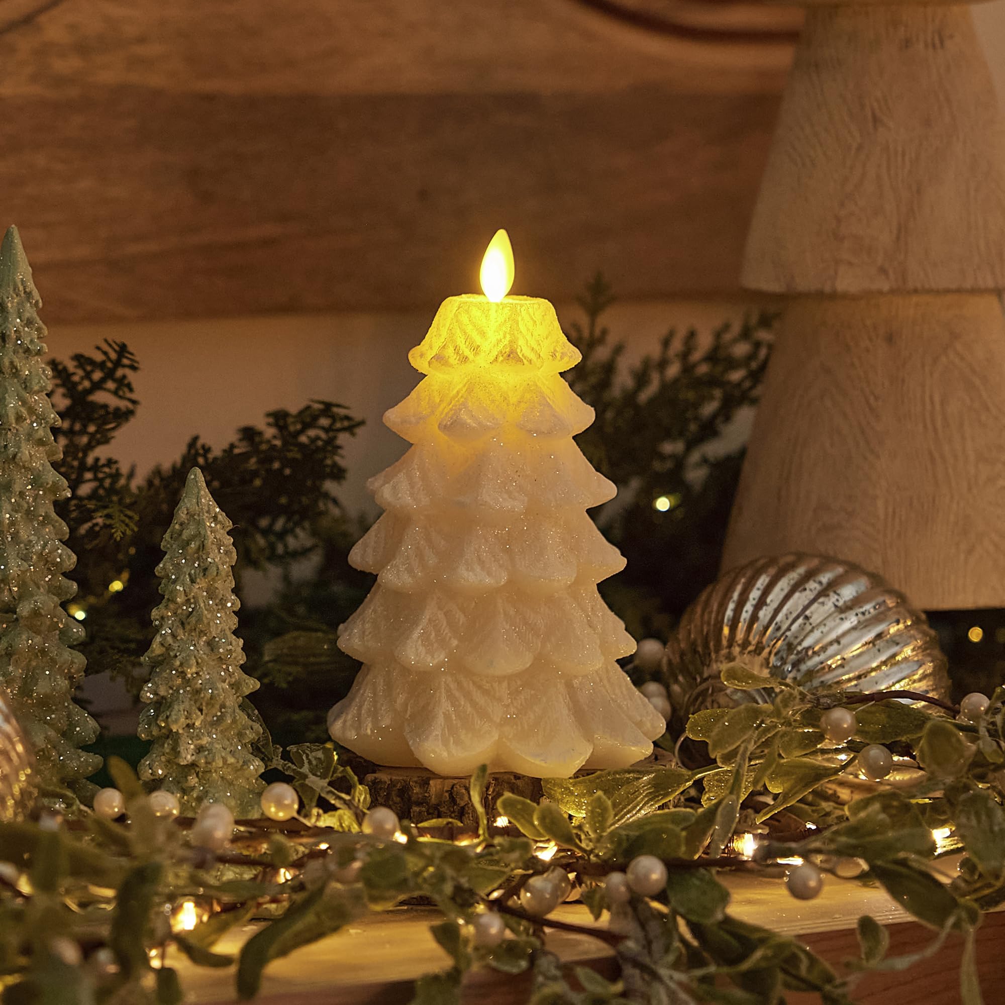 Luminara Christmas Tree Flameless Candle Glitter and Snow Finish Moving Flame Effect LED Candle, Timer, Remote Ready, Holiday Decoration (4.7" x 6.5", White Swan)