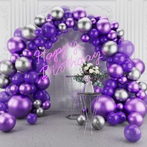 Dark Purple Balloons Arch Garland Kit-143Pcs Silver Metallic Purple Balloons for Birthday Anniversary New Years Baby Shower Graduation Engagement Wedding Retirement Party Decoration