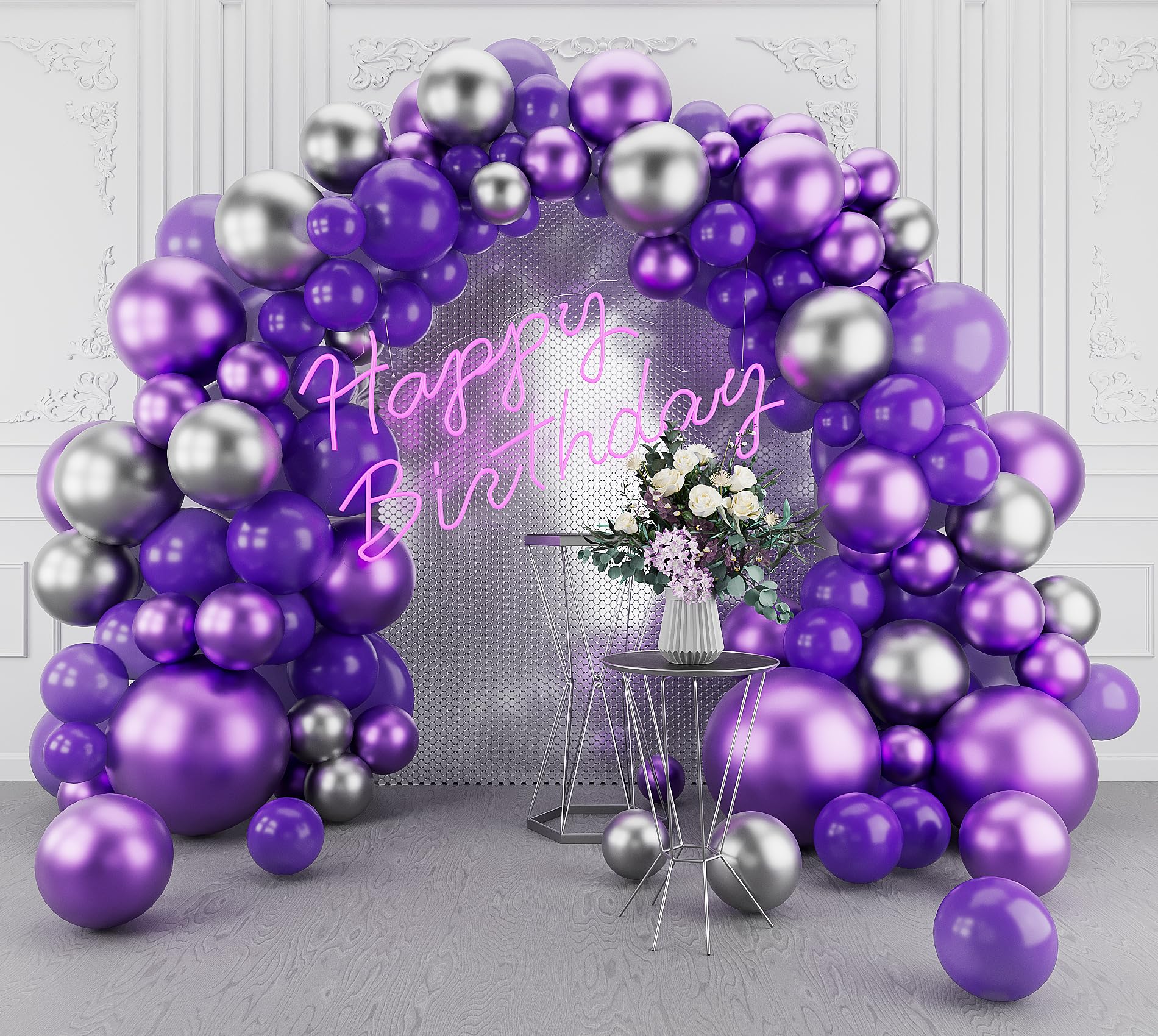 Dark Purple Balloons Arch Garland Kit-143Pcs Silver Metallic Purple Balloons for Birthday Anniversary New Years Baby Shower Graduation Engagement Wedding Retirement Party Decoration