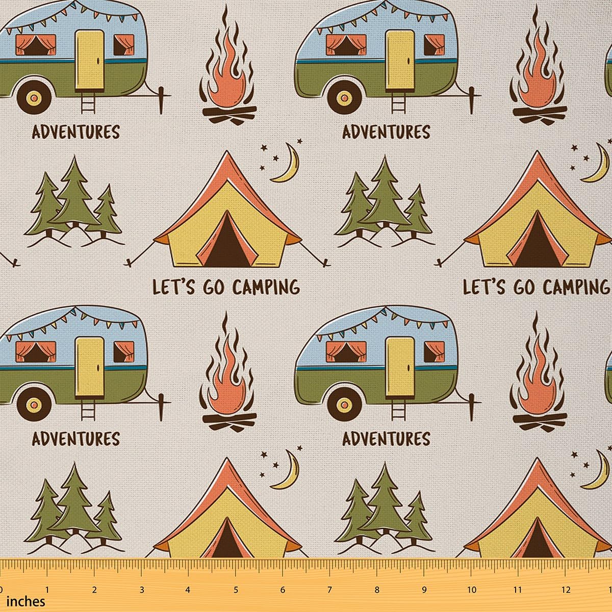 Camping Theme Fabric by The Yard,Retro Cartoon Camper Campfire Tent DIY Art Waterproof Fabric,Jungle Adventure Decorative Outdoor Fabric,Moon Stars Farm Decor Upholstery Fabric,2 Yards