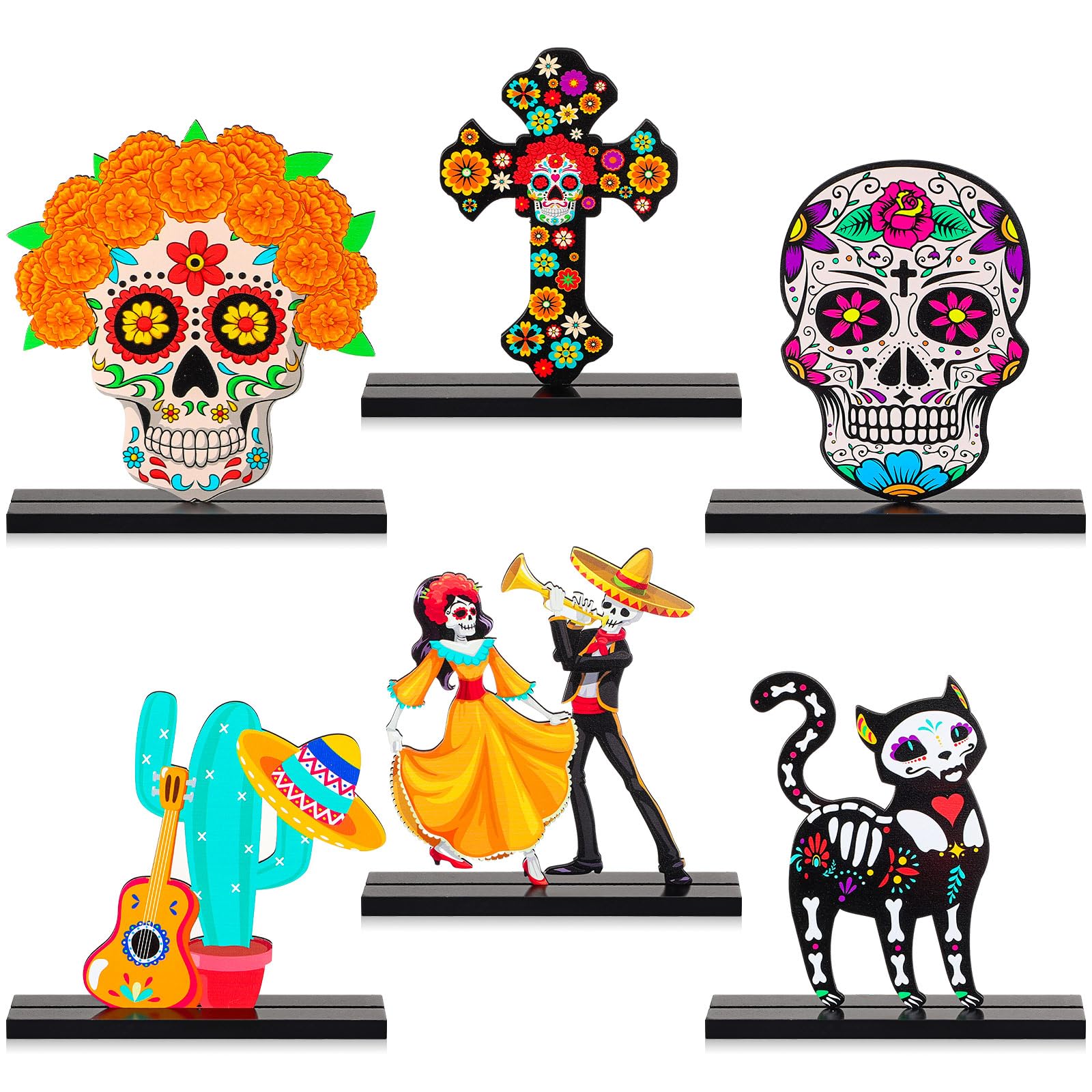 Thyle 6 Pieces Day of The Dead Centerpieces for Parties Wooden Table Centerpieces Dia De Los Muertos Decorations Desk Day of The Dead Decorations Mexican Sugar Skull Signs for Halloween Party