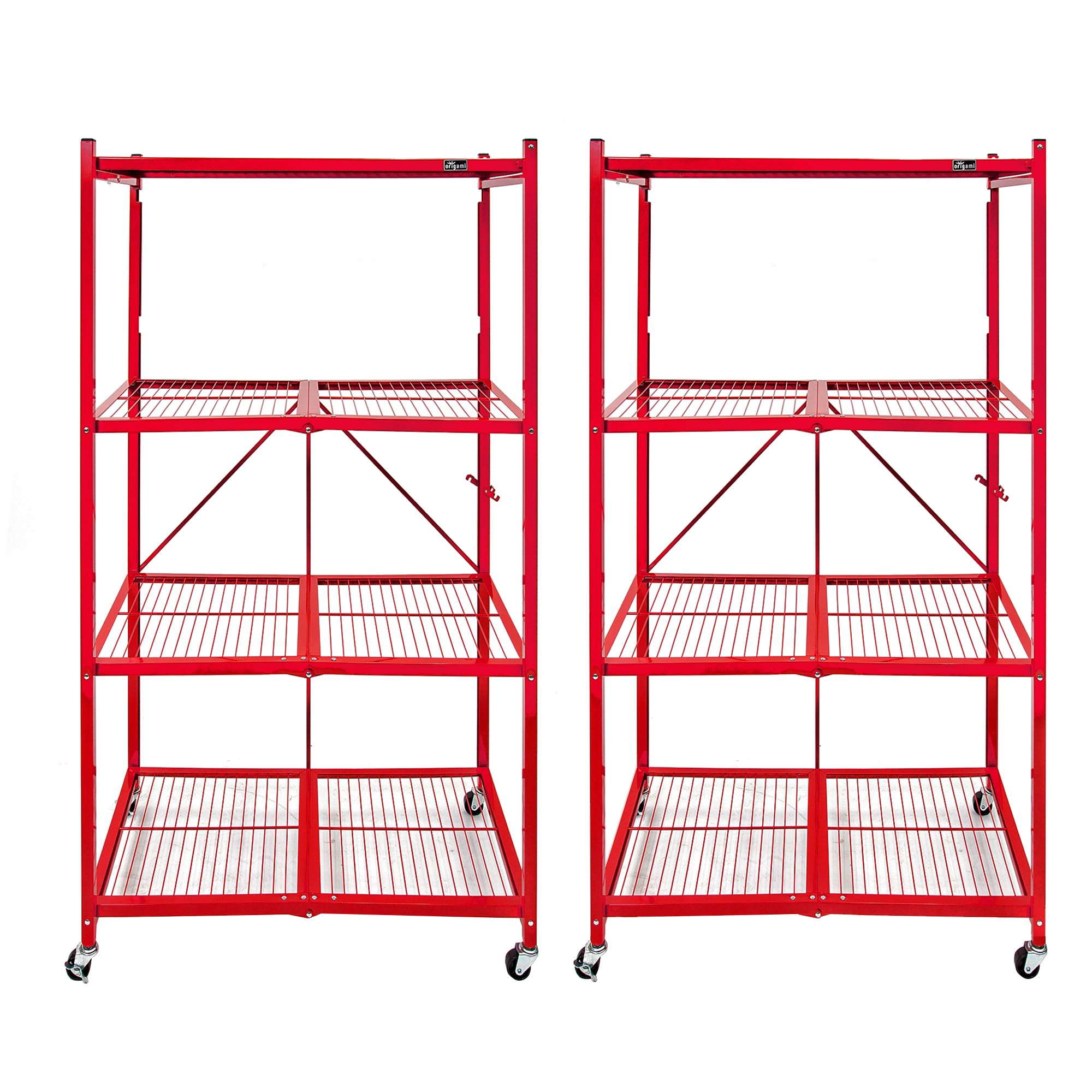 Origami R5 Foldable 4-Tier Garage Shelving Heavy Duty Shelving with Wheels, Metal Storage Rack Holds 1000 pounds, Garage Storage Rack & Organization, Storage Shelving (Red, R5 2-Pack)