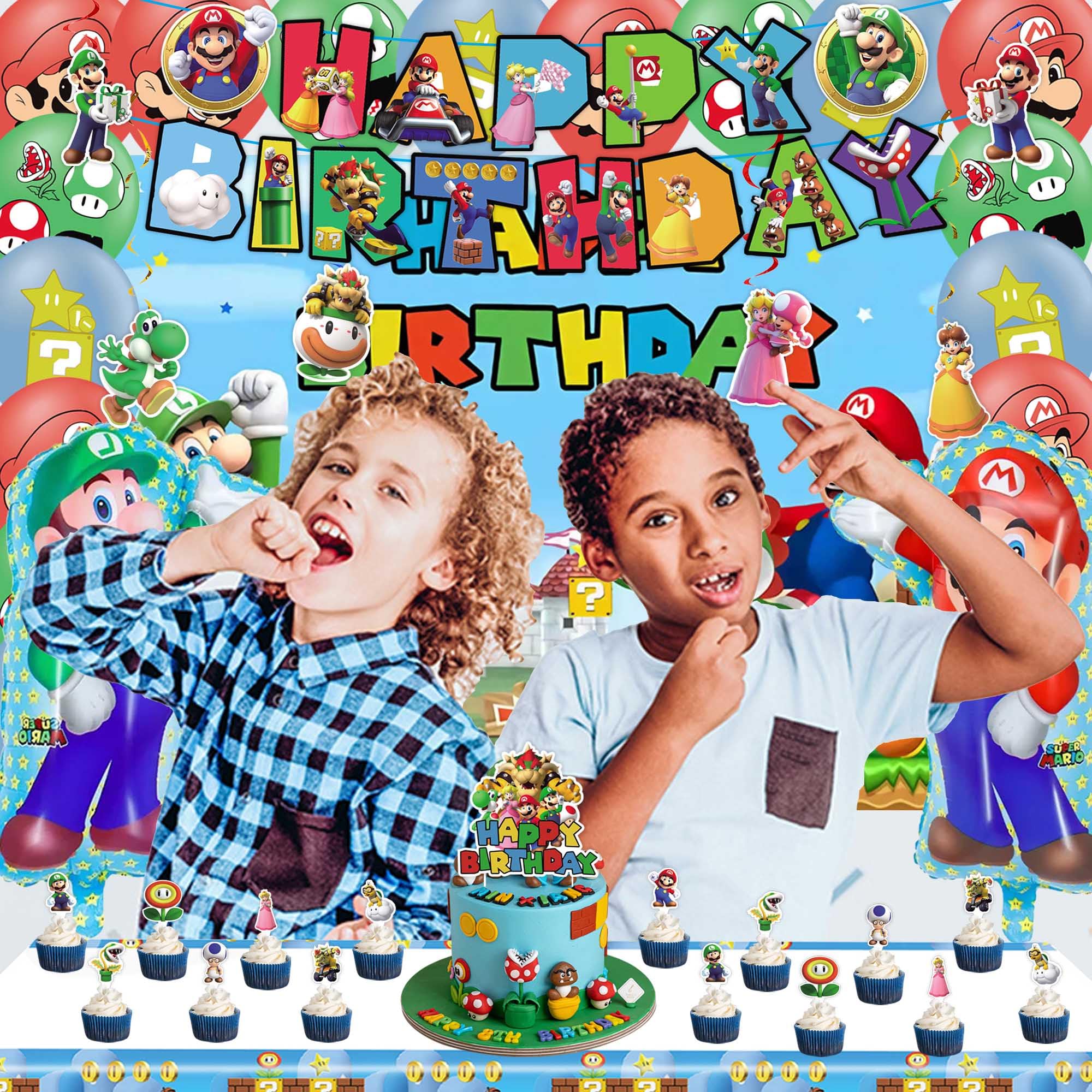 Mario Party Supplies Birthday Party Favors Super Mario Bros Birthday Decorations Include Banners, Backdrop,Tablecloth, Balloons, Cake Decoration, Cupcake Toppers, Hanging Swirls