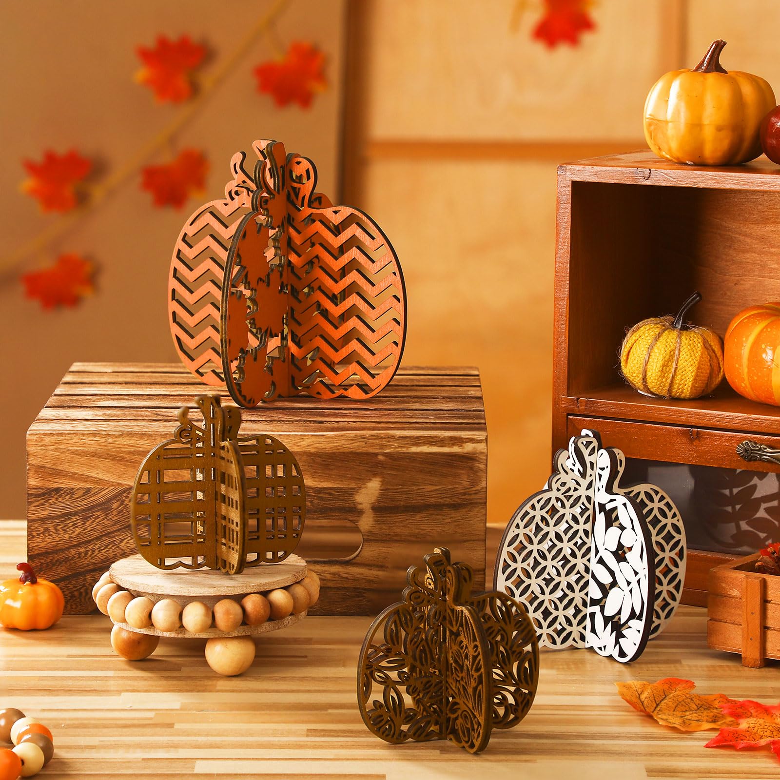 Soaoo 12 Pcs Thanksgiving Wooden Table Signs Pumpkin Wood Table Decoration Thanksgiving Tiered Tray Decoration Thanksgiving Table Centerpieces Block Sign Farmhouse Decorations for Home Party