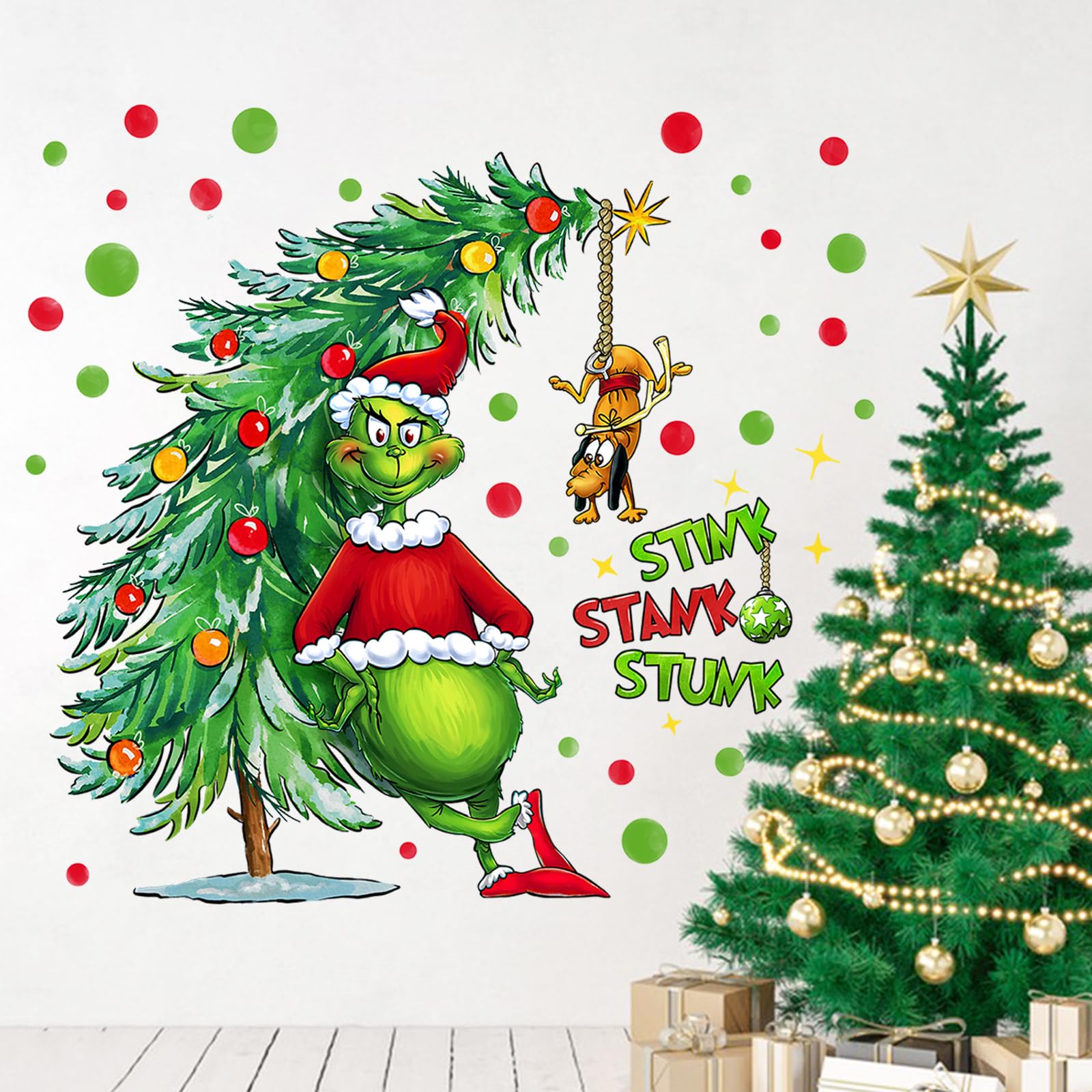 Yovkky Merry Christmas Wall Decals Stickers, Xmas Tree Max Dog 2025 New Year Bedroom Decor Home Kitchen Decorations, Winter Holiday Red Green Polka Dots Farmhouse Living Room Art Kids Boys Girls Gift