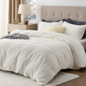 bedsure fluffy duvet cover set - ultra soft plush shaggy comforter cover queen size, warm flannel fleece bed sets for winter, 3 pieces, 1 duvet cover & 2 pillowcases (striped pattern, coconut white)