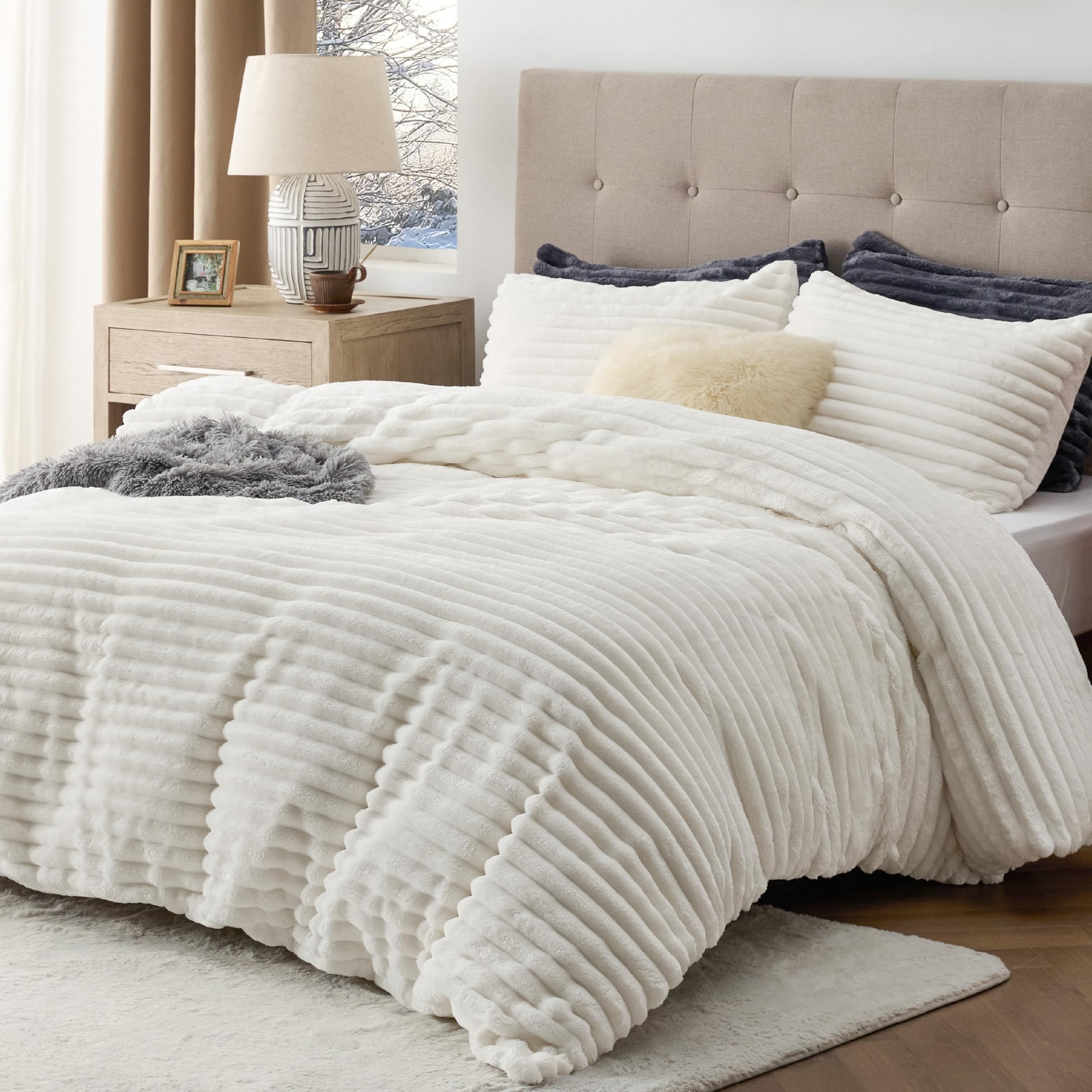 Bedsure Fluffy Duvet Cover Set - Ultra Soft Plush Shaggy Comforter Cover Queen Size, Warm Flannel Fleece Bed Sets for Winter, 3 Pieces, 1 Duvet Cover & 2 Pillowcases (Striped Pattern, Coconut White)