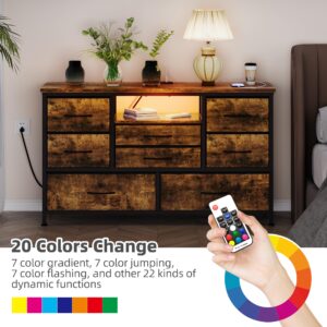 Jojoka 8 Dresser TV Stand with Power Outlet & LED for 55'' TV, Long Dresser for Bedroom with 8 Deep Drawers, Wide Console Table for Storage in Closet, Living Room, Entryway, Wood Top