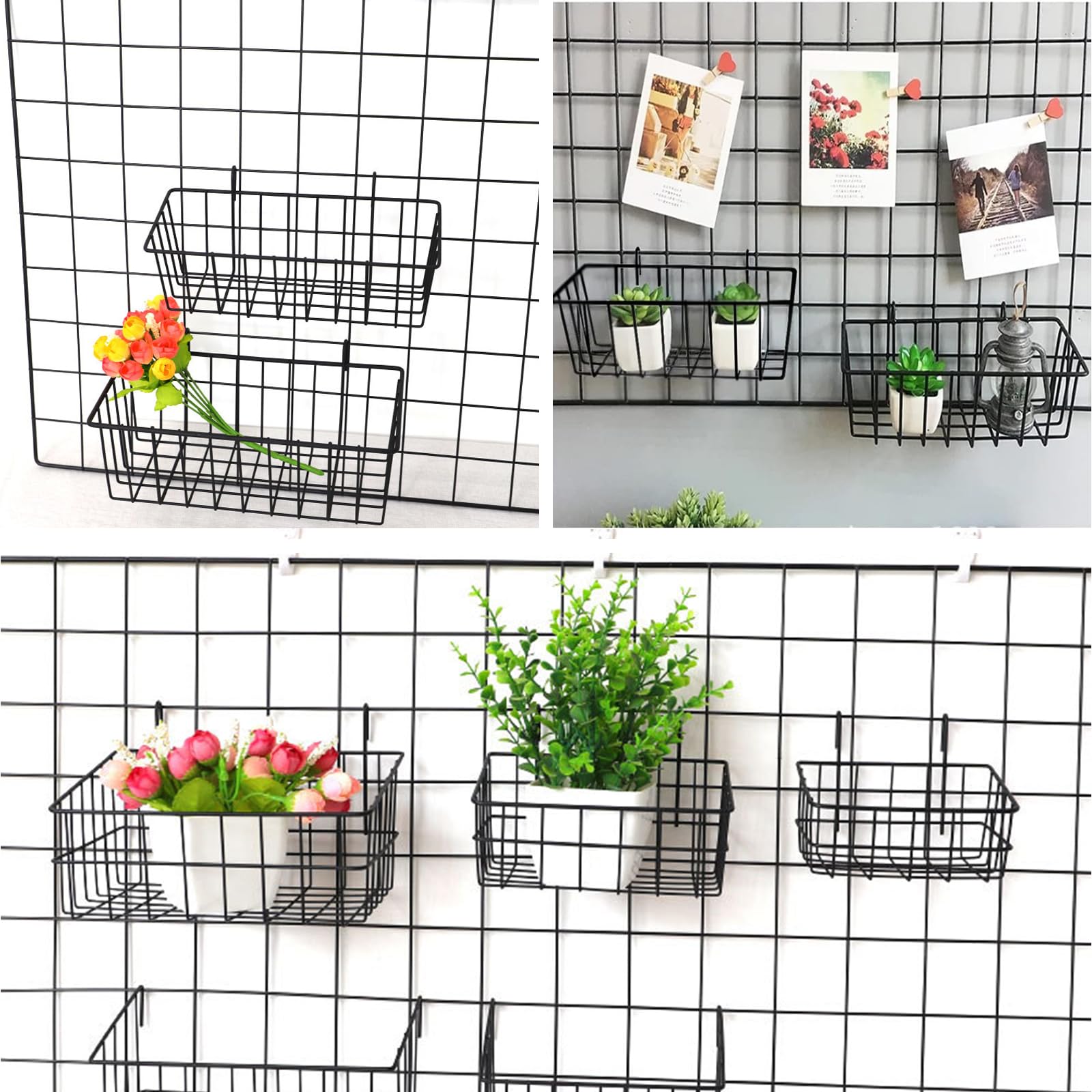 Oungy 10 PCS Wire Baskets Wall Grid Panel Hanging Wire Basket Hanging Wall Baskets No Drilling Wall Hanging Baskets Grid Wall Storage Basket for Kitchen Bathroom Home Decor Supplies, Black