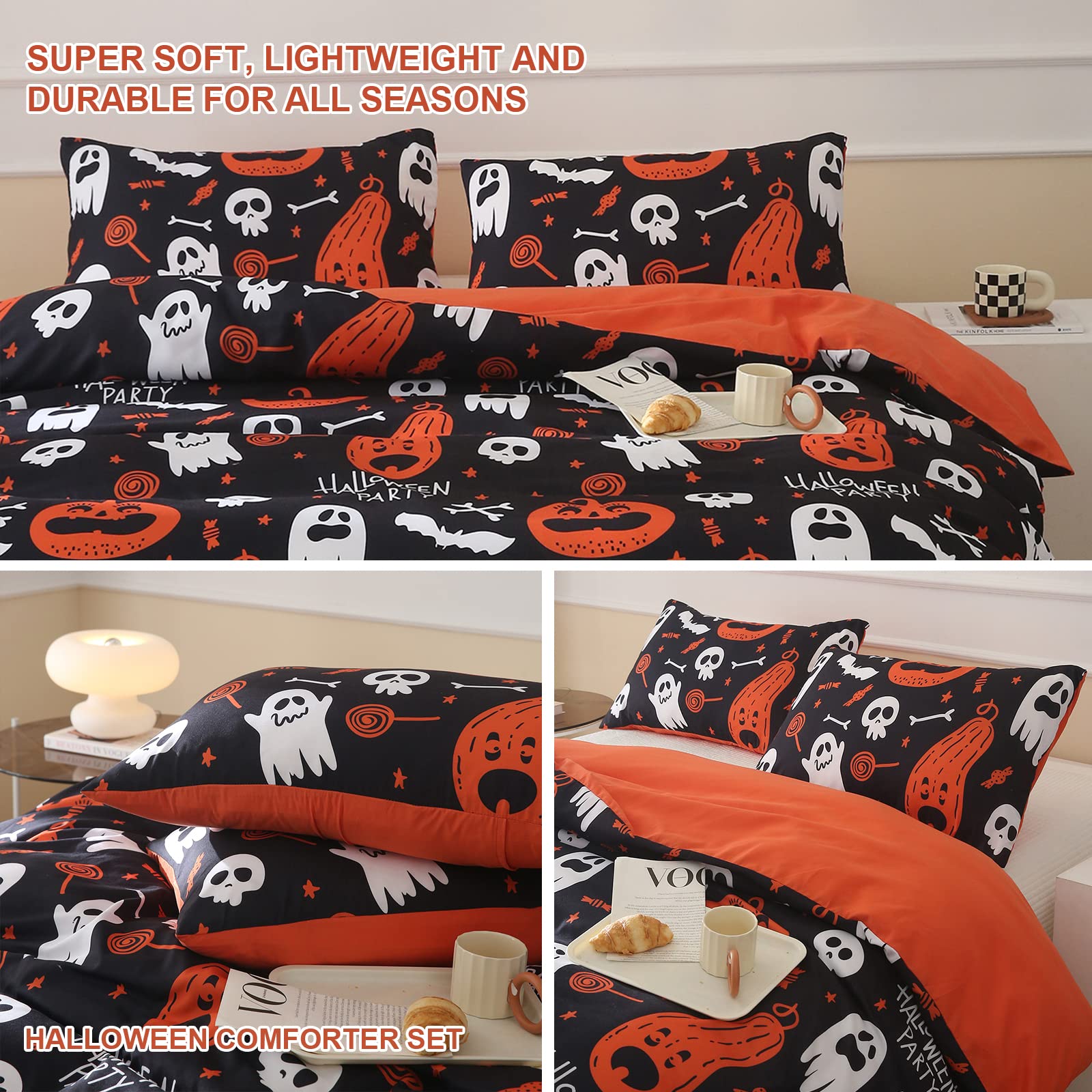 Halloween Duvet Cover Queen Size Pumpkin Bedding Set Cartoon Ghost Candy Comforter Cover for Kids Room Decor Black Bedding with 1 Duvet Cover 2 Pillowcases