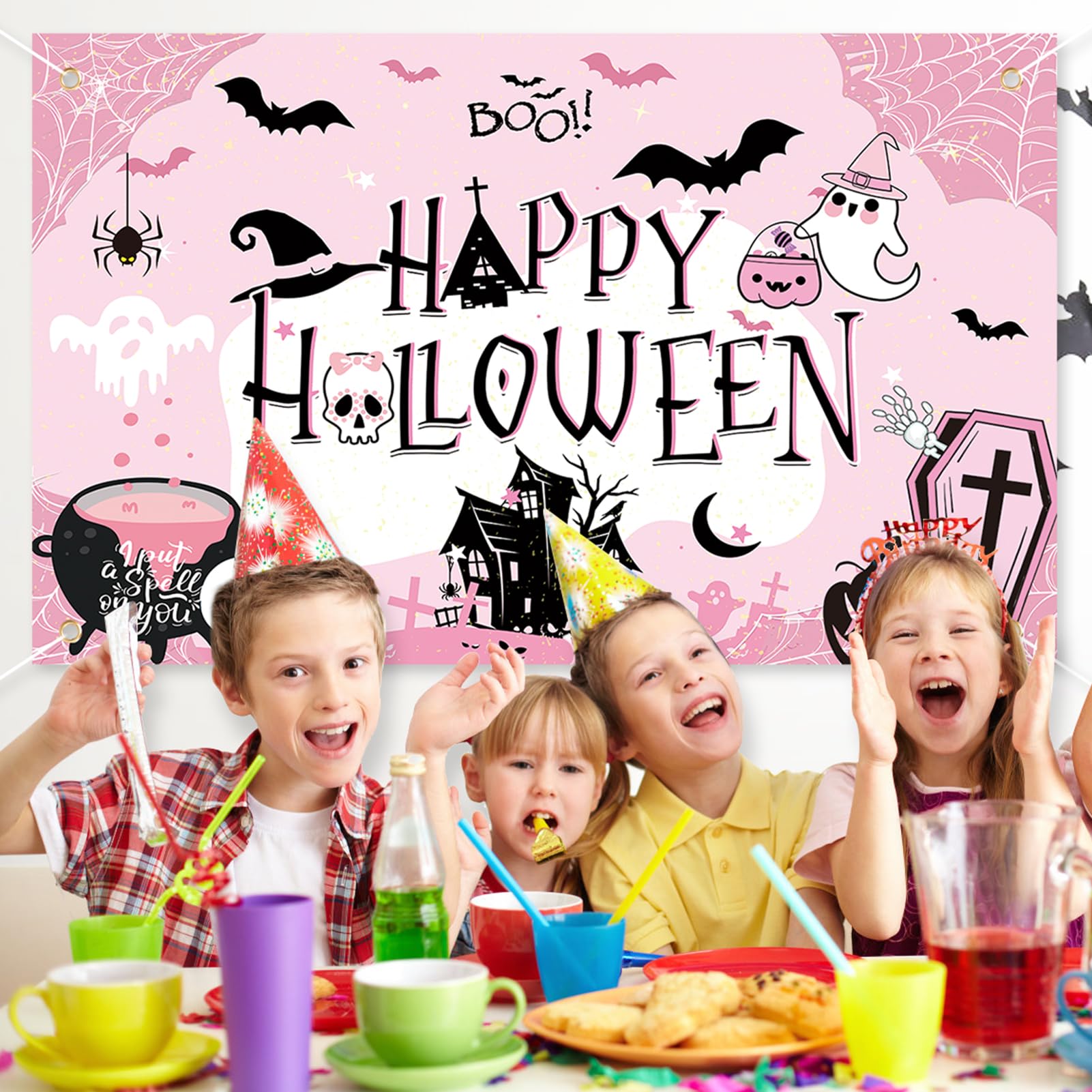 DPKOW Pink Happy Halloween Backdrop Banner, Extra Large Pink Halloween Birthday Party Decorations Girls Kid Black Pink Halloween Decorations Background for Halloween Baby Shower Boo Day, 70.8×43.3inch