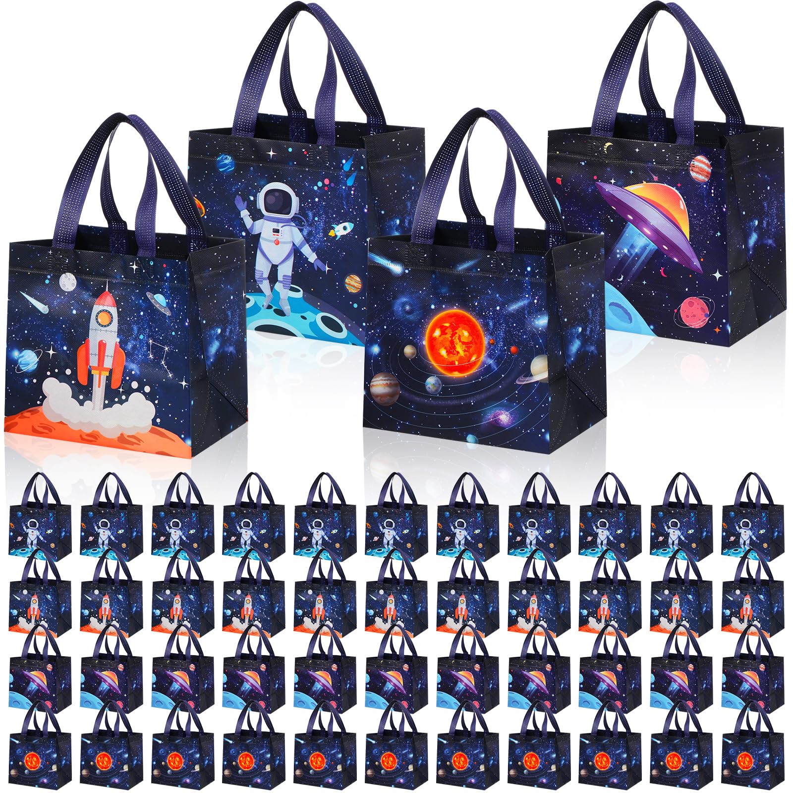 Windyun 48 Pcs Space Gift Bags Bulk Large Outer Space Party Favors Bags Non Woven Goodie Candy Treat Bag with Handles Planet Galaxy Tote Bags for Space Theme Birthday Baby Shower Party Supplies