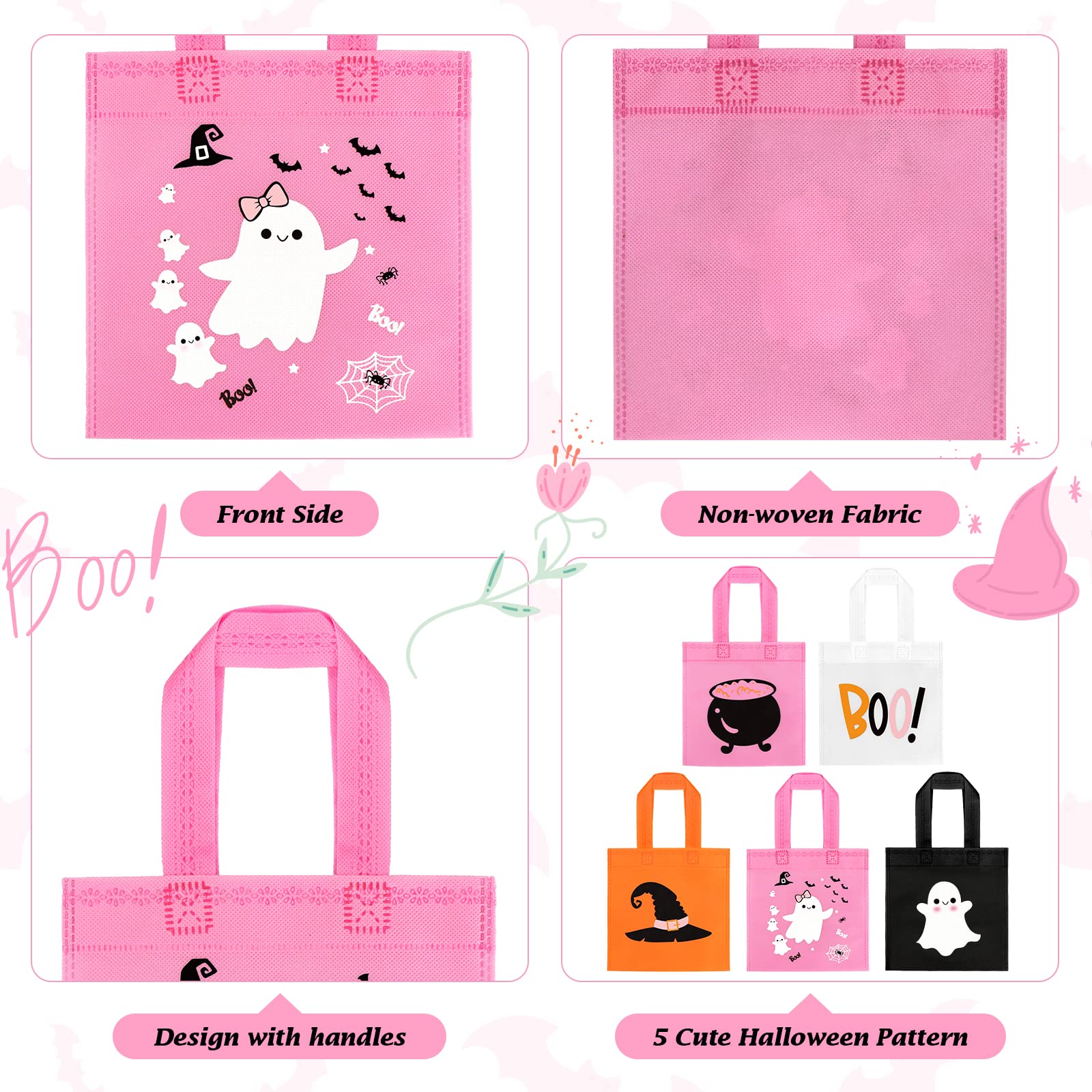 20Pcs Pink Girl Halloween Treats Bags Party Favor, Cute Ghost Wizard Hat Witch Cauldron NonWoven Halloween Candy Bag Gift Goodies Tote for Little Boo Baby Shower Halloween Happy Boo Day Party Supplies