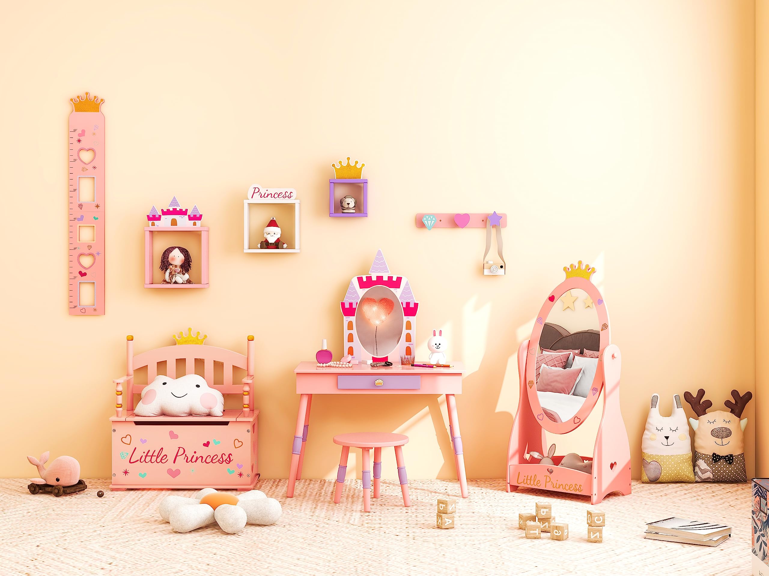 HONEY JOY 3 Piece Kids Vanity Set, Girls Vanity Table & Chair Set, Princess Toy Box, 360° Rotatable Freestanding Dressing Mirror w/Storage Shelf, Kids Room Furniture Set for Playroom Bedroom, Pink