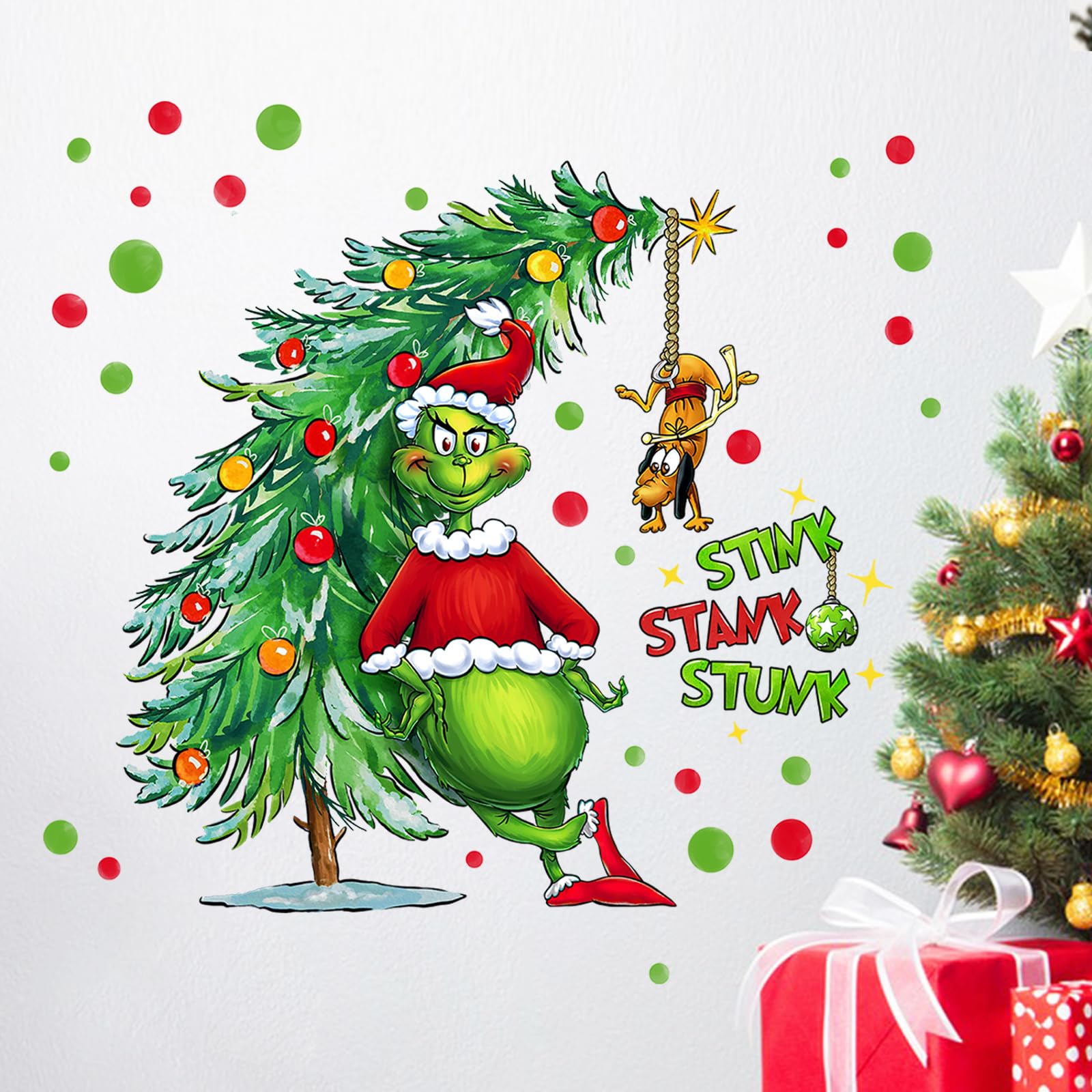 Yovkky Merry Christmas Wall Decals Stickers, Xmas Tree Max Dog 2025 New Year Bedroom Decor Home Kitchen Decorations, Winter Holiday Red Green Polka Dots Farmhouse Living Room Art Kids Boys Girls Gift