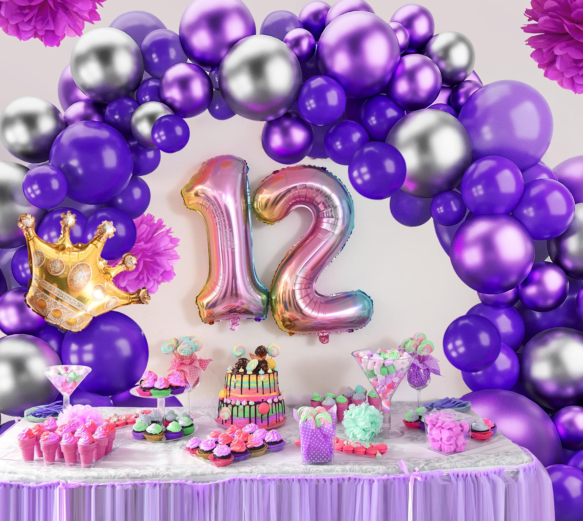 Dark Purple Balloons Arch Garland Kit-143Pcs Silver Metallic Purple Balloons for Birthday Anniversary New Years Baby Shower Graduation Engagement Wedding Retirement Party Decoration