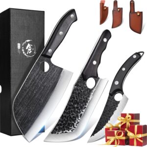 tijeras butcher knife set, 3pcs hand forged meat cleaver, serbian chef knife set, viking knives with sheaths, high carbon steel meat cutting kitchen knife set for kitchen camping bbq gift idea men