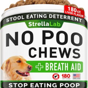 STRELLALAB No Poo Treats for Dogs - Coprophagia Stool Eating Deterrent - No Poop Eating for Dogs - Digestive Enzymes - Stop Eating Poop - Liver Flavor 180 Ct