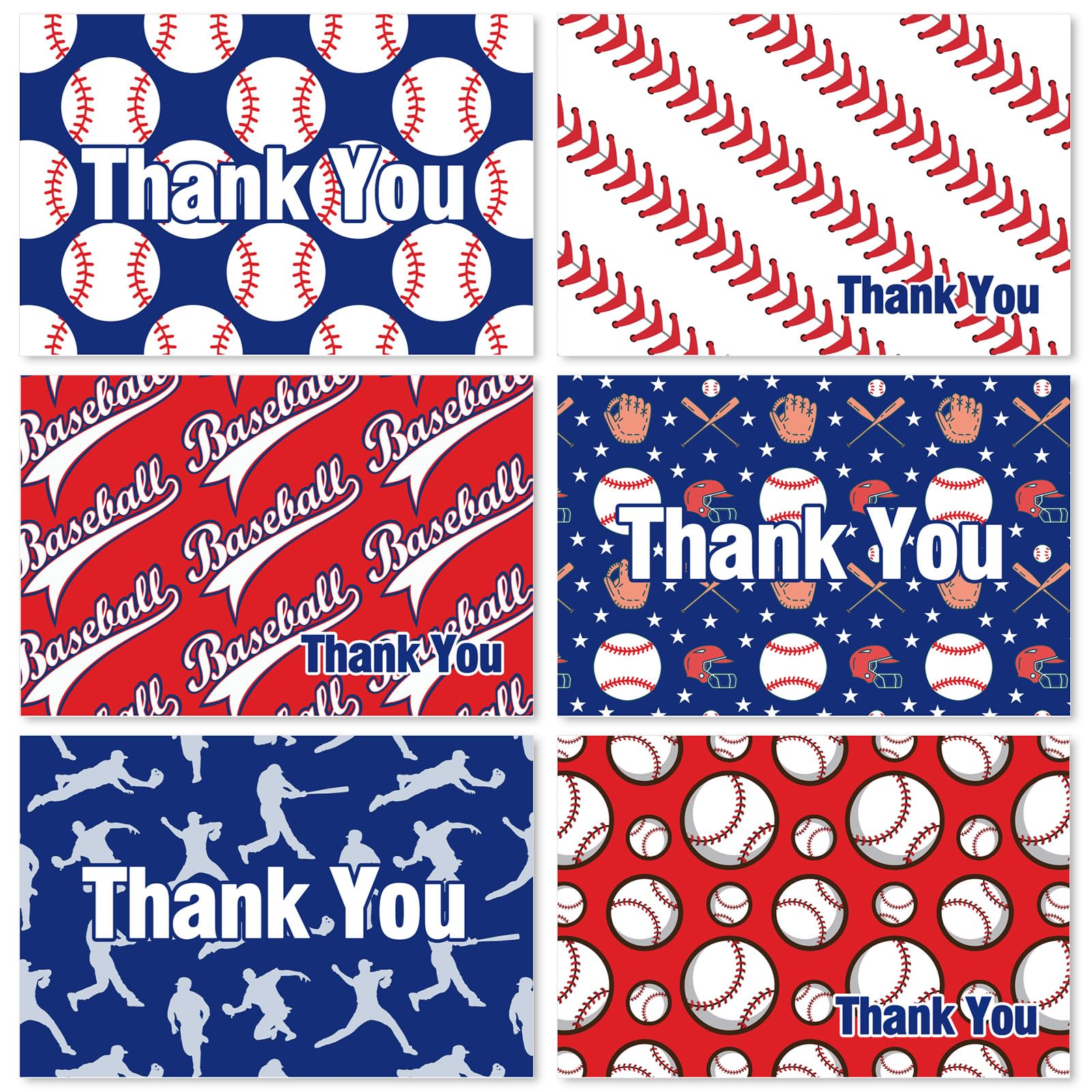 AnyDesign 36 Pack Baseball Thank You Cards with Envelopes Stickers 6 Design Red Blue Sports Thank You Note Cards Baseball Blank Cards for Birthday Baseball Season Games Supplies, 4 x 6 Inch