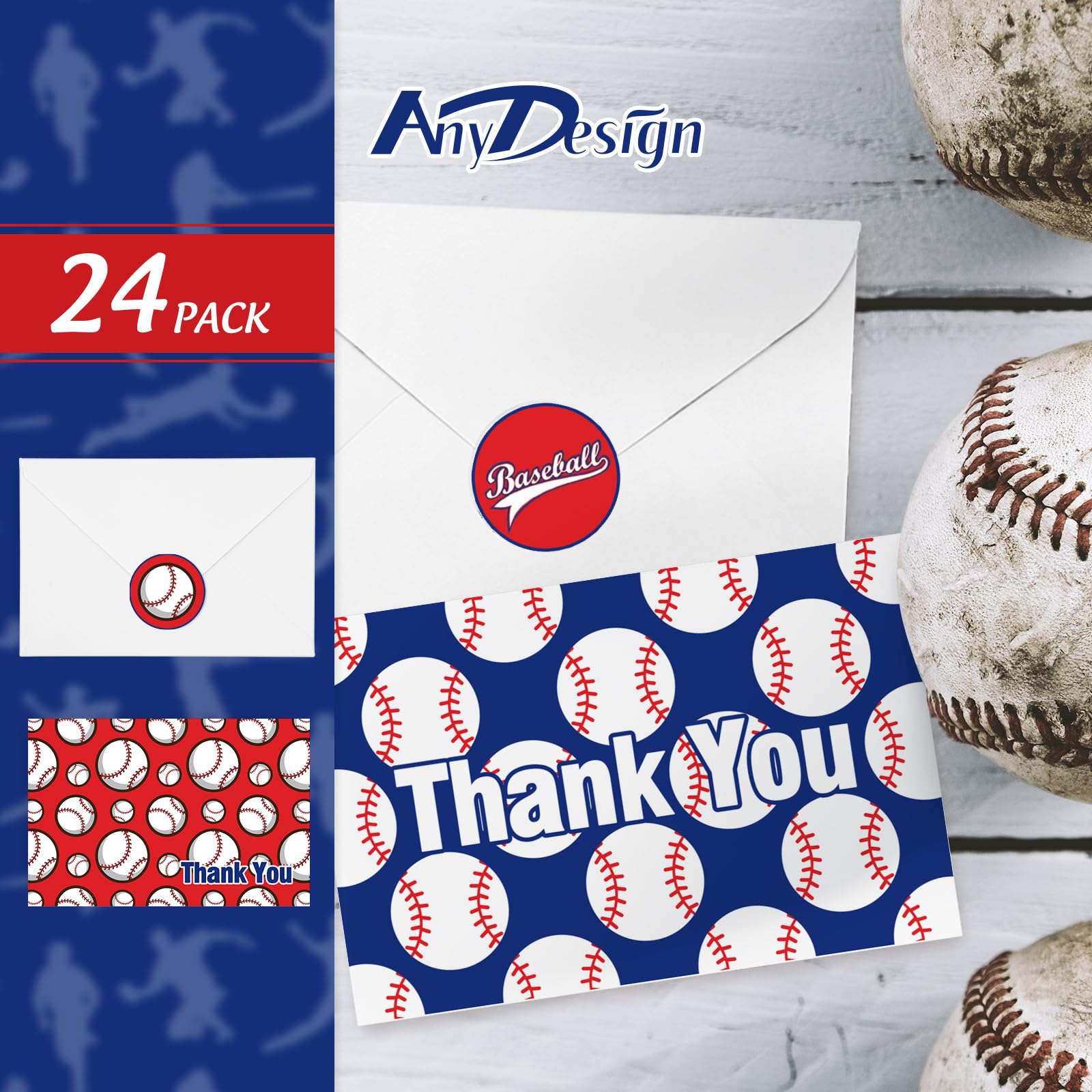 AnyDesign 36 Pack Baseball Thank You Cards with Envelopes Stickers 6 Design Red Blue Sports Thank You Note Cards Baseball Blank Cards for Birthday Baseball Season Games Supplies, 4 x 6 Inch