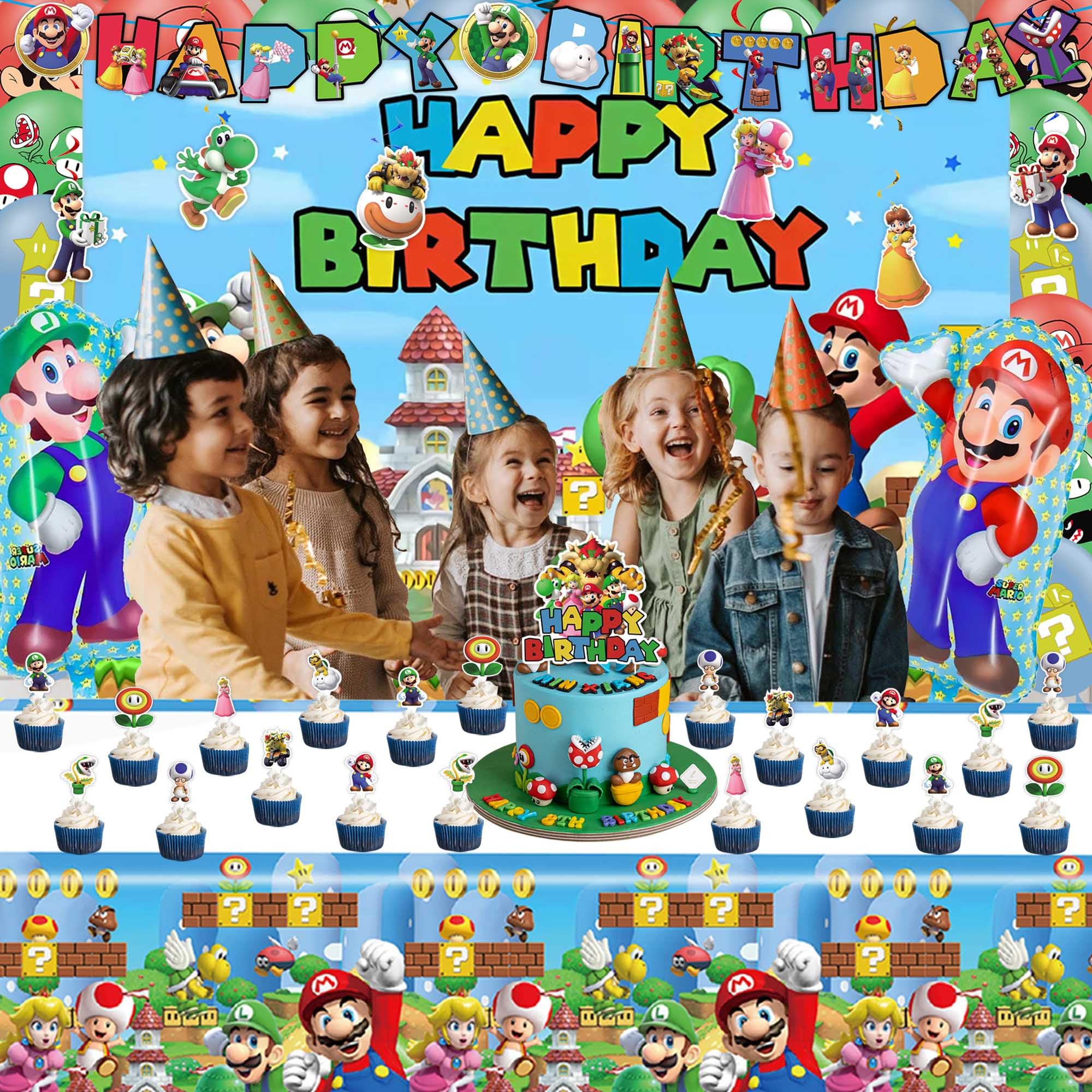 Mario Party Supplies Birthday Party Favors Super Mario Bros Birthday Decorations Include Banners, Backdrop,Tablecloth, Balloons, Cake Decoration, Cupcake Toppers, Hanging Swirls