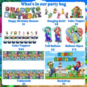 Mario Party Supplies Birthday Party Favors Super Mario Bros Birthday Decorations Include Banners, Backdrop,Tablecloth, Balloons, Cake Decoration, Cupcake Toppers, Hanging Swirls