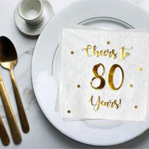 Cheers to 80 Years Cocktail Napkins | Happy 80th Birthday Decorations for Men and Women and Wedding Anniversary Party Decorations | 50-Pack 3-Ply Napkins | 5 x 5 inch folded (White)