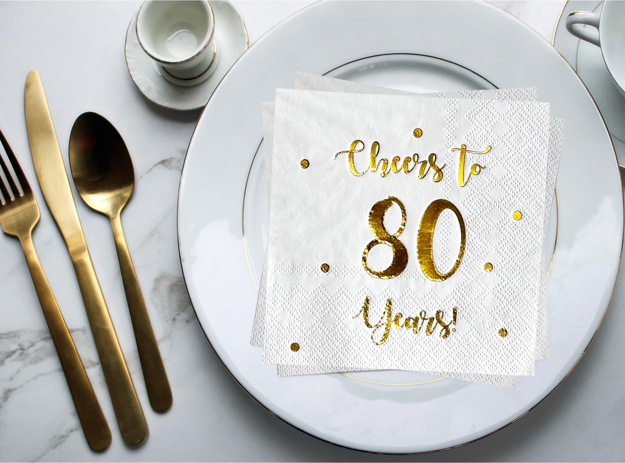 Cheers to 80 Years Cocktail Napkins | Happy 80th Birthday Decorations for Men and Women and Wedding Anniversary Party Decorations | 50-Pack 3-Ply Napkins | 5 x 5 inch folded (White)