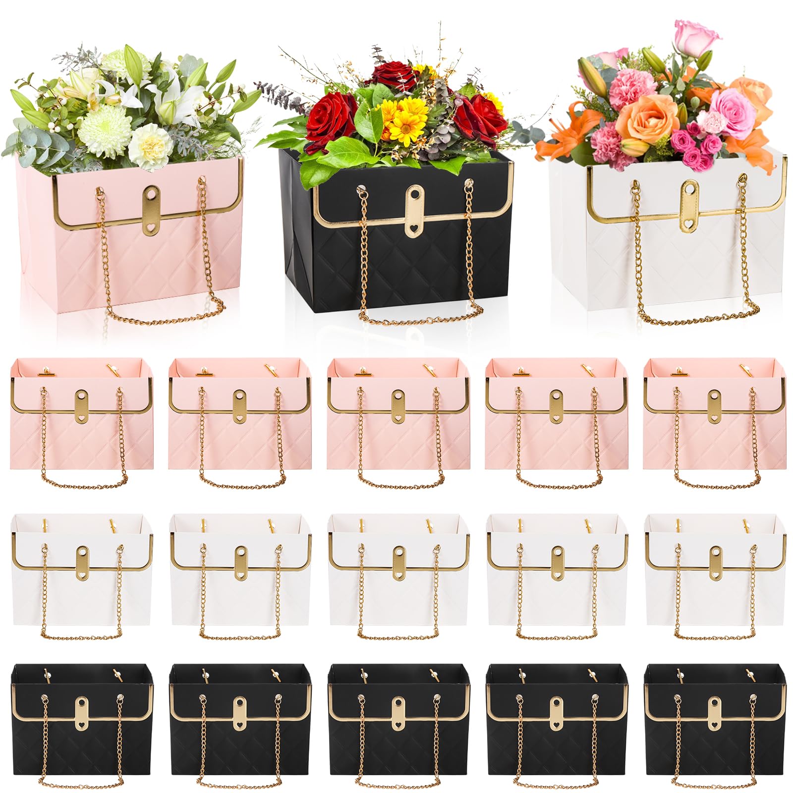 Pumtus 15 Pack Flower Paper Gift Bag, Bouquet Portable Flower Handbag Box with Metal Chain, Rectangle Wedding Gift Wrap Bag, Small Florist Carrier Bag for Arrangements, Valentine's Day, Birthday