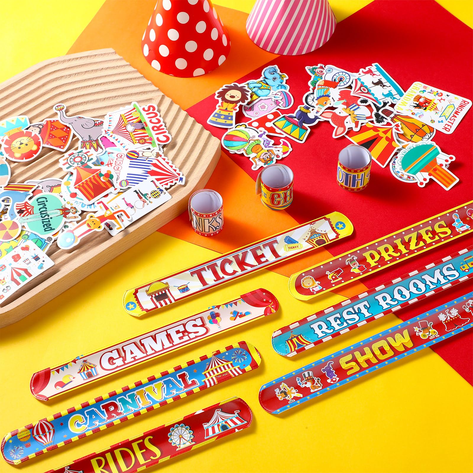 Junkin 90 Pcs Carnival Party Favor Supplies Carnival Slap Bracelets Carnival Stickers Carnival Circus Party Favors Circus Clown Animal Slap Bracelets Circus Stickers for Birthday Baby Shower Decor