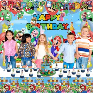 Mario Party Supplies Birthday Party Favors Super Mario Bros Birthday Decorations Include Banners, Backdrop,Tablecloth, Balloons, Cake Decoration, Cupcake Toppers, Hanging Swirls